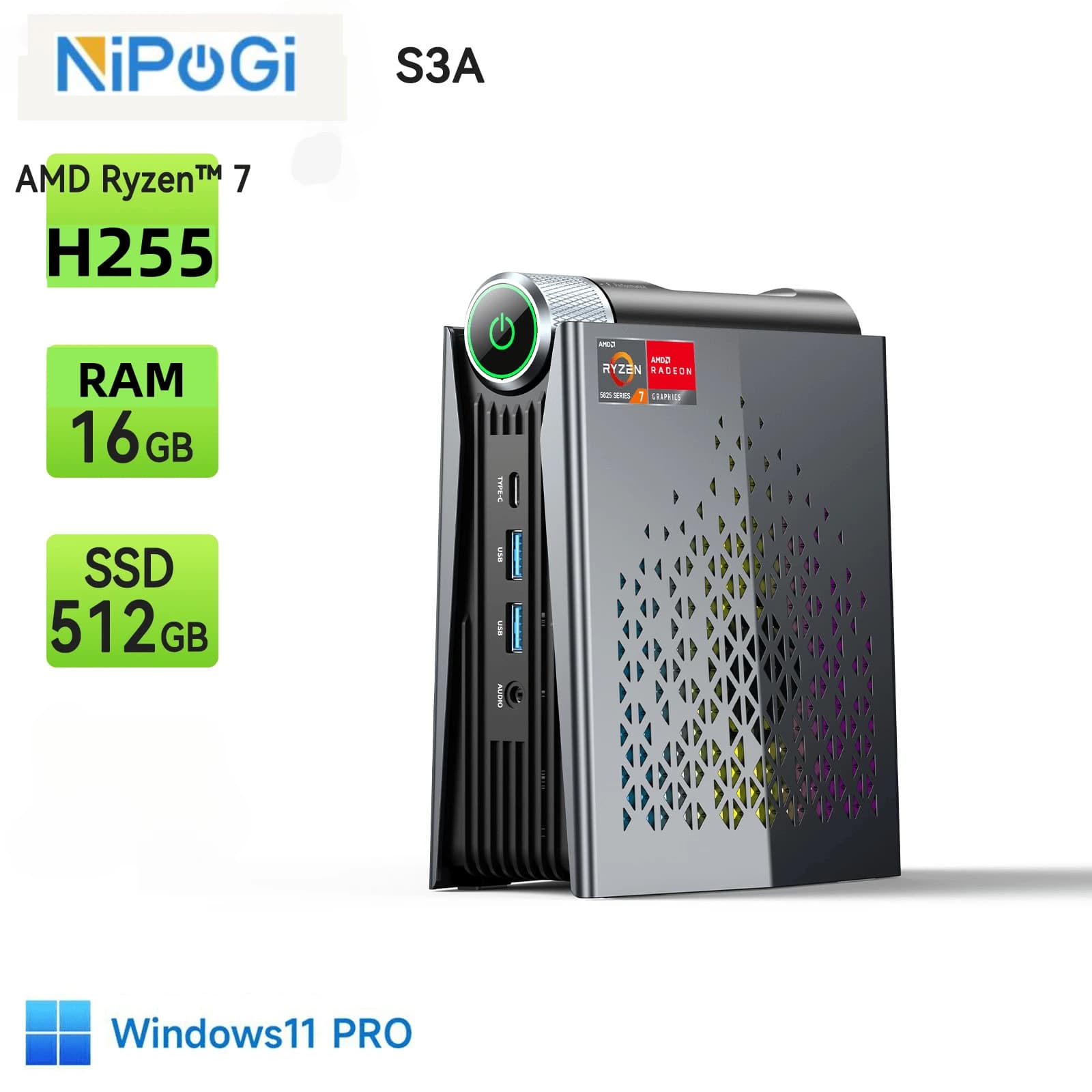 NIPOGI Mini-PC R7 H255 4,9GHz WIFI6 BT5.2 Mini-Computer LPDDR5 6400MHz PCIe4.0 SSD 2,5G LAN USB4.0 Mini-Computer Mit RGB-Beleuchtung