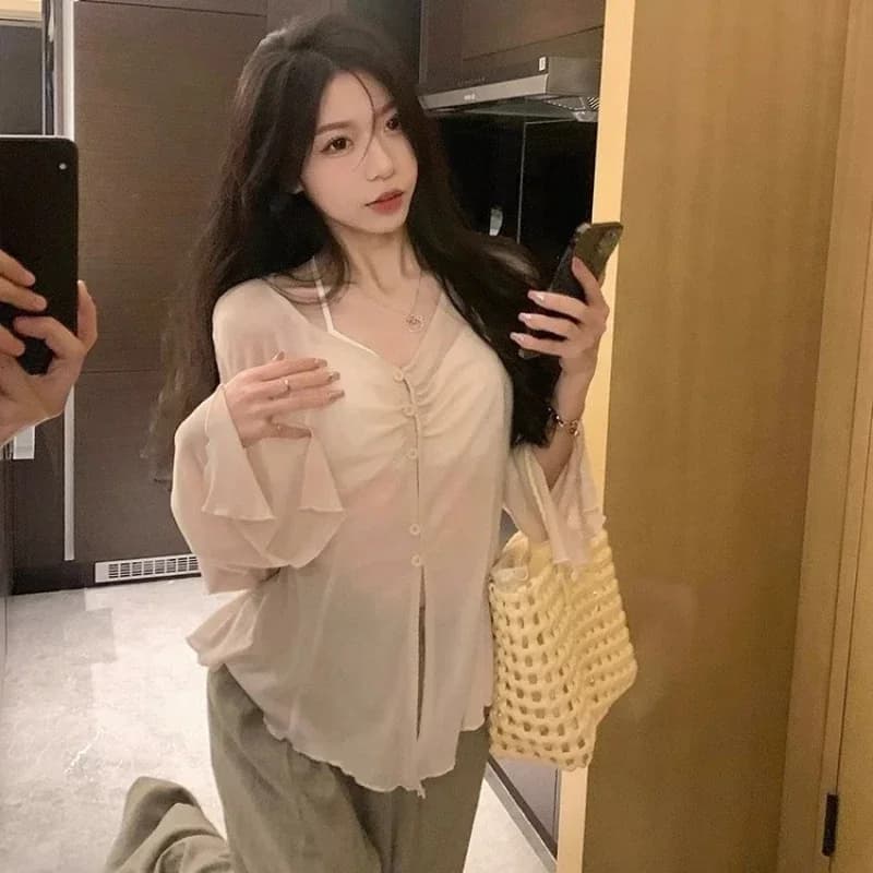 Blouse Y2K transparente avec manches bouffantes pastel