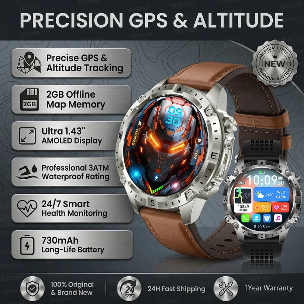 Sports Smartwatch with GPS, Offline Maps, 30m Waterproof, 10 ATM, Military Sports Watch, 2GB Storage, Men's Smart Band