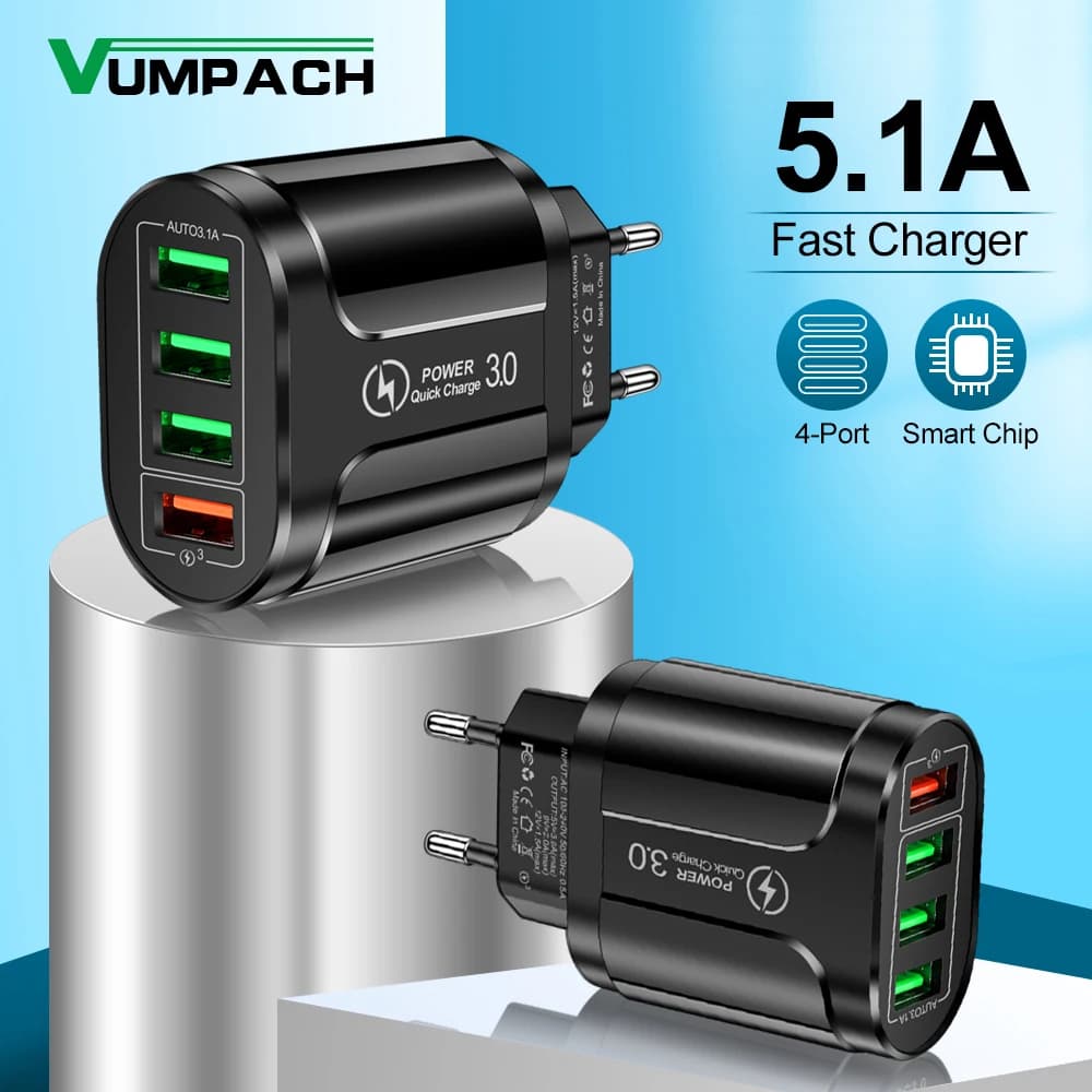 شاحن USB 45W 4 بورتات مع QC 3.0 ل iPhone 12, 11, Samsung, Xiaomi