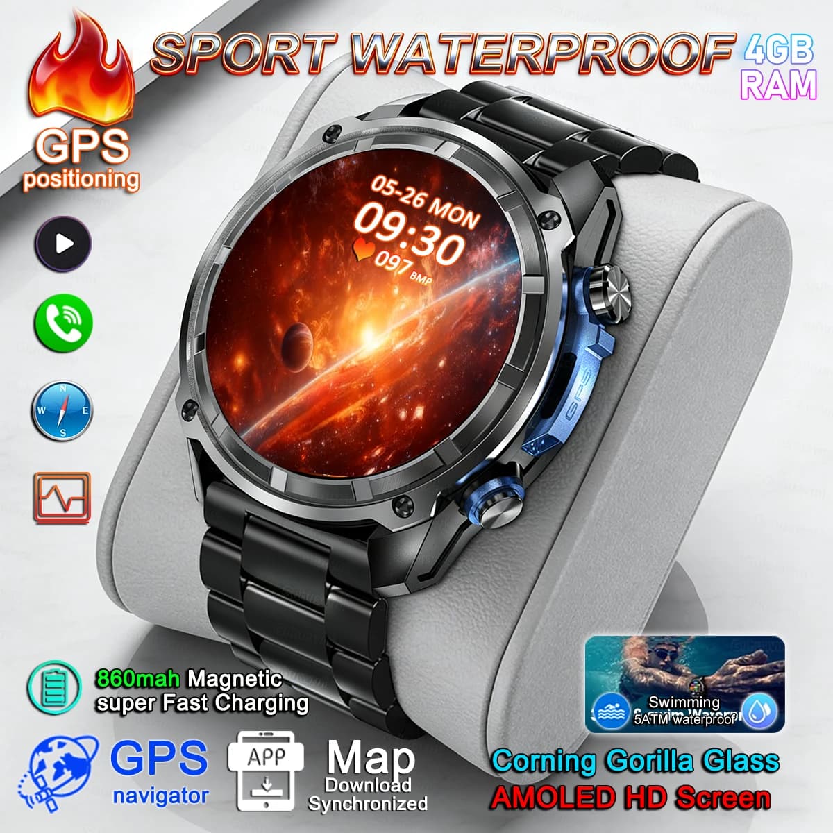 New GPS Offline Map Smartwatch with 4GB Storage, Large Battery, Music and Call Function, 10ATM/IP69K Waterproof, Suitable for Swimming, Sports Smartwatch for Men.