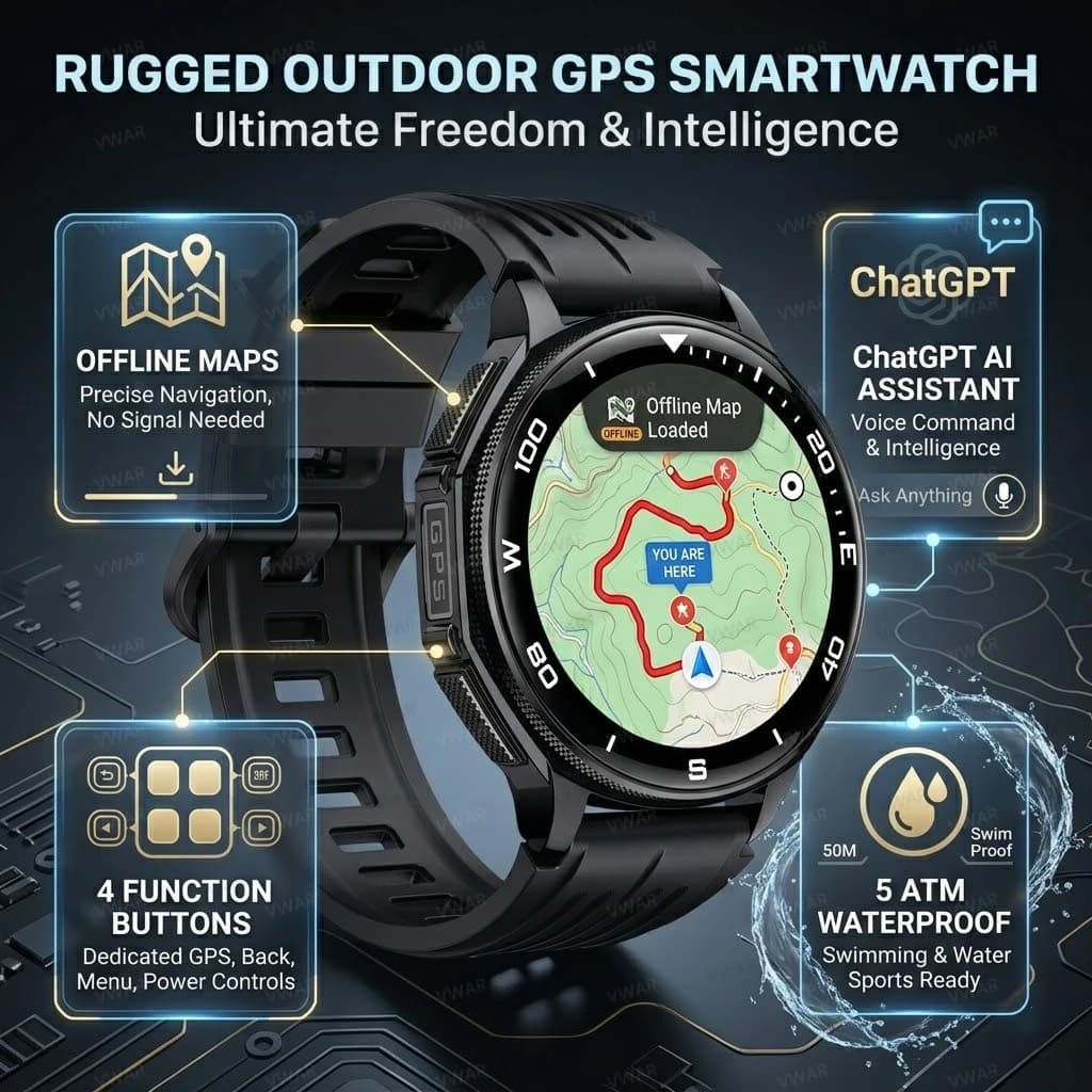 GPS-Smartwatch Vwar T-rex 3 mit 5ATM-Wasserfestigkeit und 4 Funktionsknöpfen