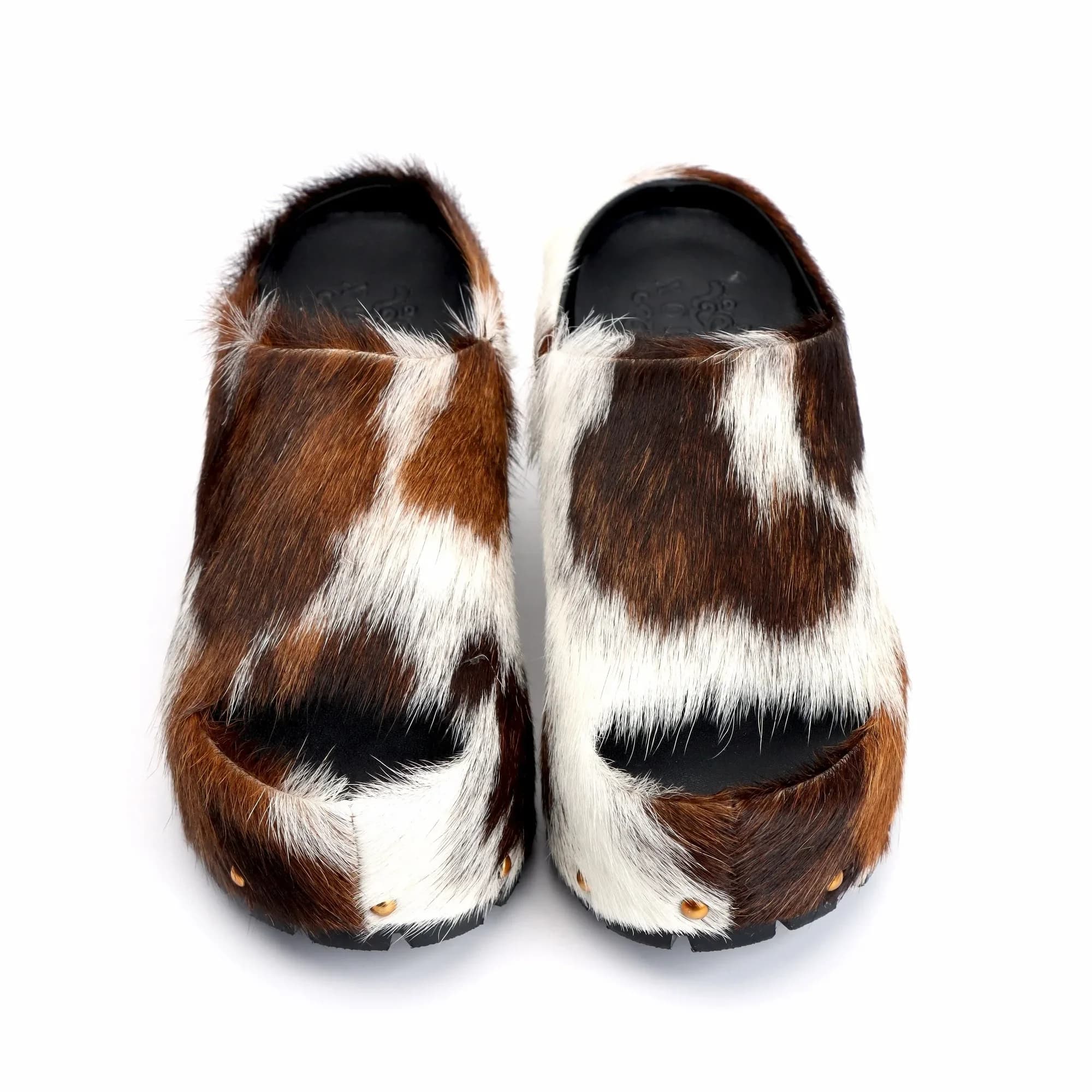 Handmade women's platform fur clogs with arch support, natural calf hair mules, vintage cowboy style slippers with studs