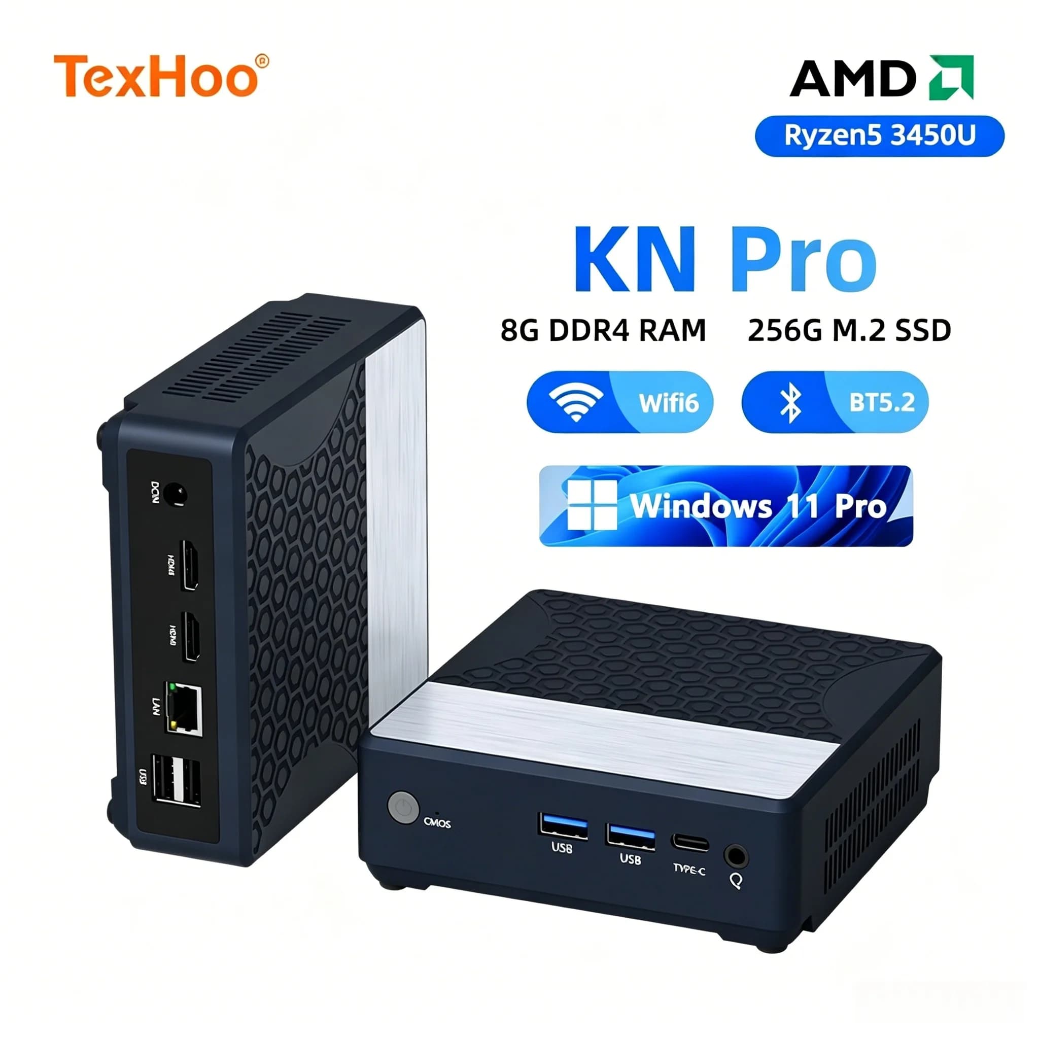 TexHoo MINI PC AMD Ryzen5 3450U 16G DDR4 2400Mhz 256G/512G SSD Desktop Mini Bürocomputer WIFI5 BT4.2 Dual 4k Display Dreifach-Anzeige