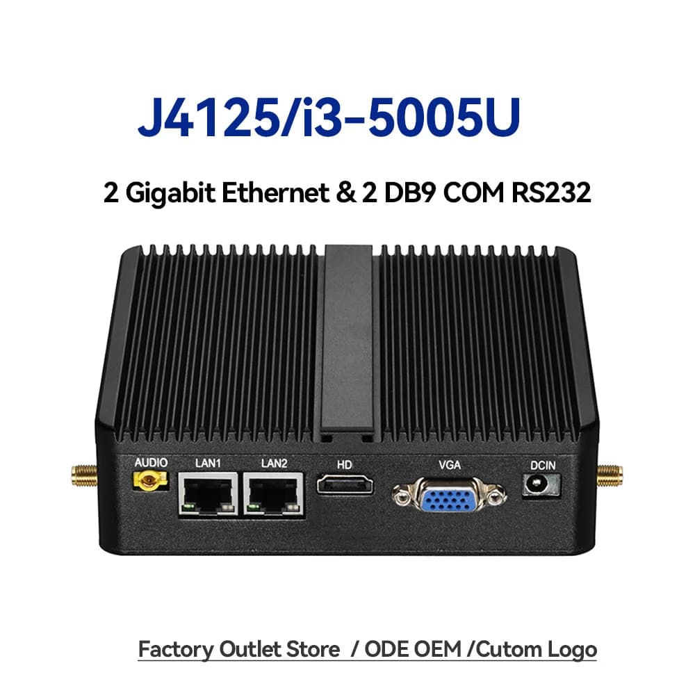 Industrieller lüfterloser Mini-PC Celeron J6412 Core i3-5005U Dual LAN 2*COM HDMI WIFI Windows 10 Nettop Office Computer Minipc Desktop