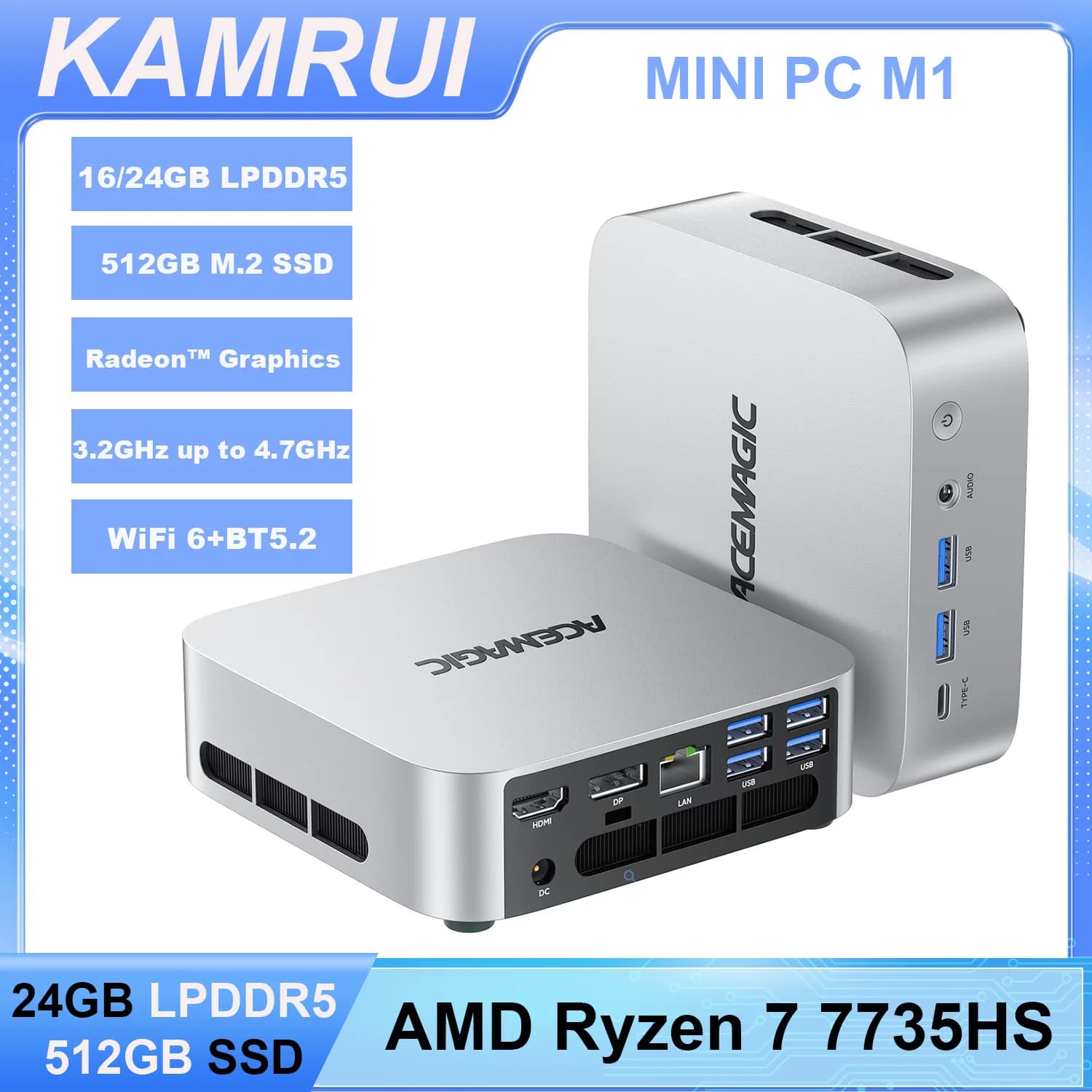 KAMRUI Mini-PC AMD Ryzen7 7735HS 16/24GB LPDDR5 512GB M.2 NVMe SSD Radeon 4K WiFi 6 Win11pro Mini-Desktop-Computer für Gaming