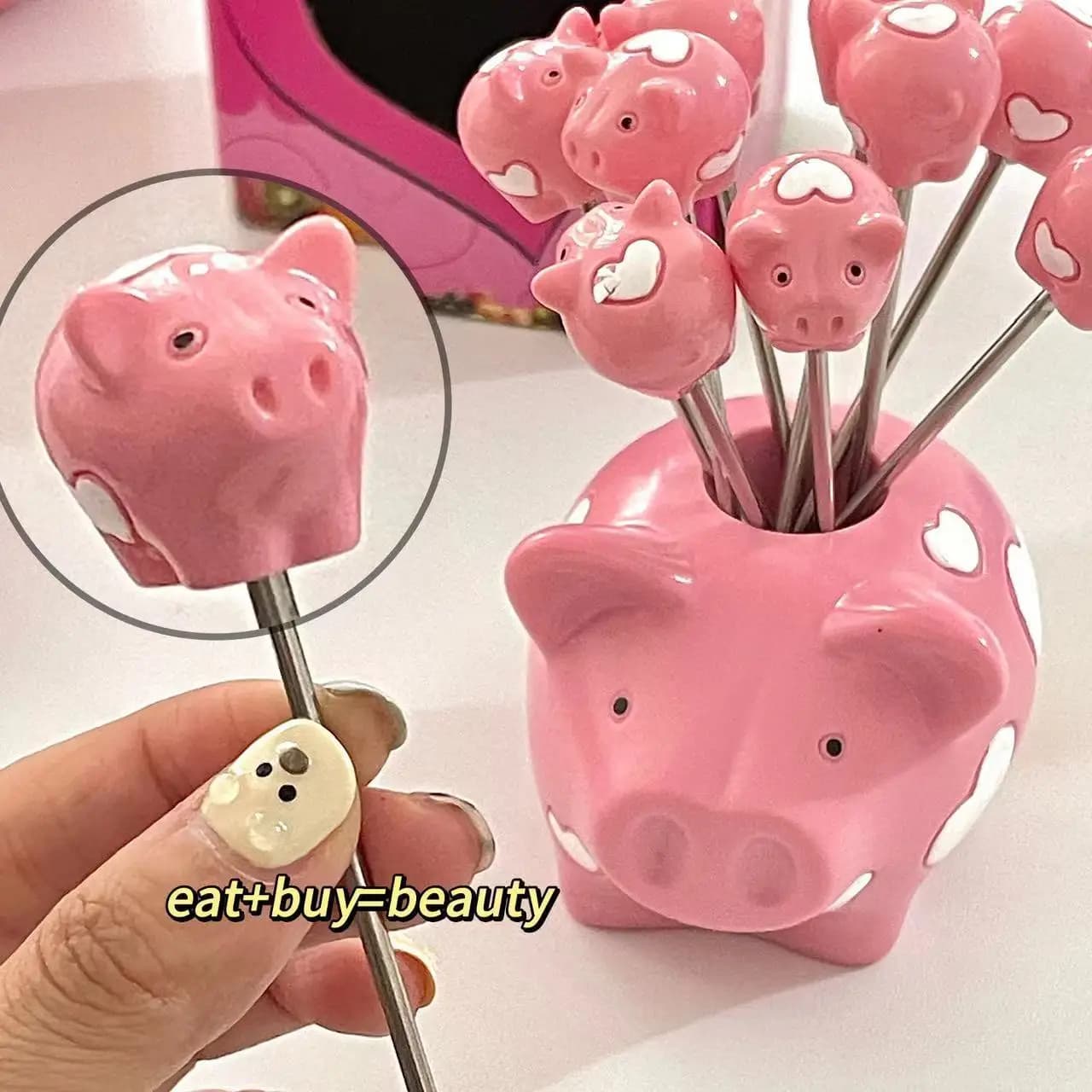 شوكة فواكه Pig Love من الفولاذ المقاوم للصدأ، أسياخ فواكه لطيفة بقاعدة سيراميك، إكسسوار أطفال