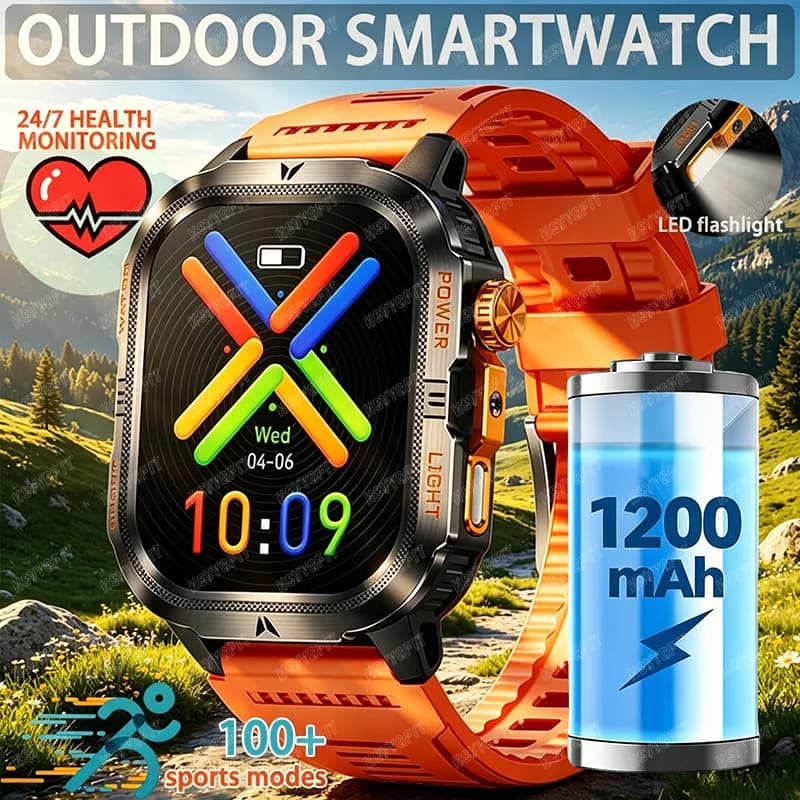 Rugged Outdoor Smartwatch for Men with 1200 mAh Battery and 2.01 Inch HD Display