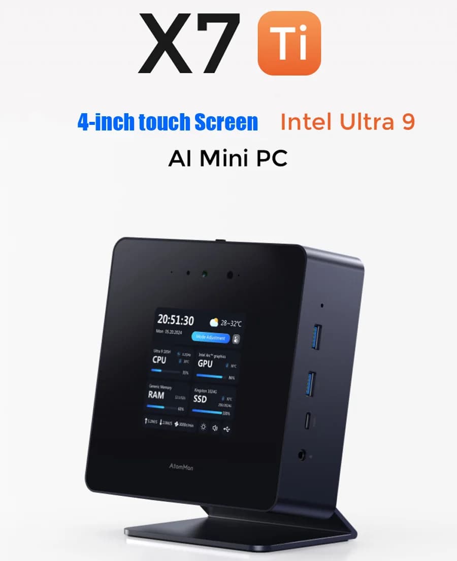 AtomMan X7 Ti 4" Bildschirm Mini PC Intel Ultra 9-185H 2*USB4 2*5G RJ45 Kamera Oculink Win11 Gaming Computer Mini PC WiFi7 DP HD