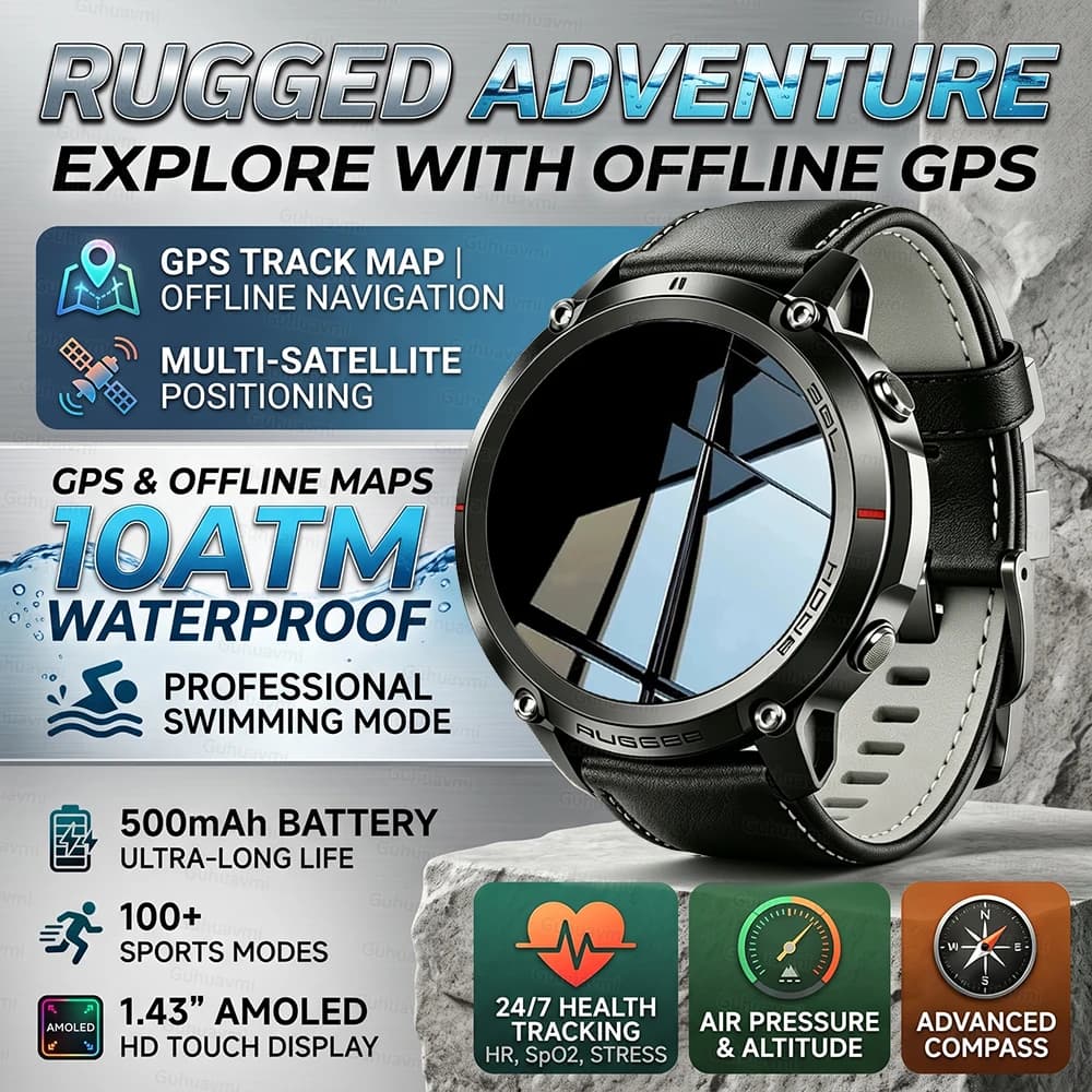 New Military GPS Smartwatch with Offline Map & 10ATM Waterproof