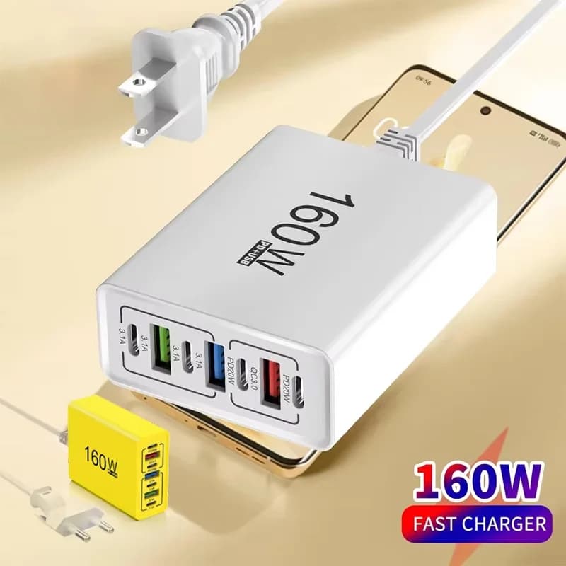 USB-C-Ladegerät mit 160W, 7 Ports, EU/US, Schnellladung QC3.0