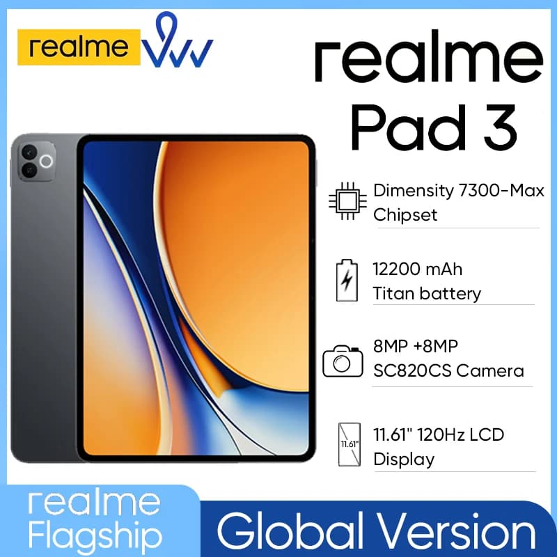 Neues Tablet realme Pad 3 256GB 11,61 Zoll 120Hz LCD-Display Dimensity 7300-Max Chipsatz 12200mAh Akku 45W Ladefunktion 2,8K Book-View