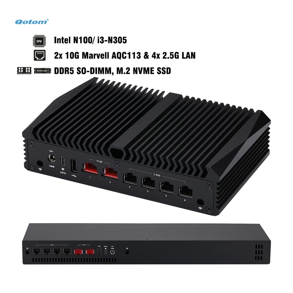 Qotom Mini-PC Intel N100/ N305/ N355, 2x 10G & 4x 2.5G LAN, DDR5 Router-Gerät für OpenWrt/ Linux