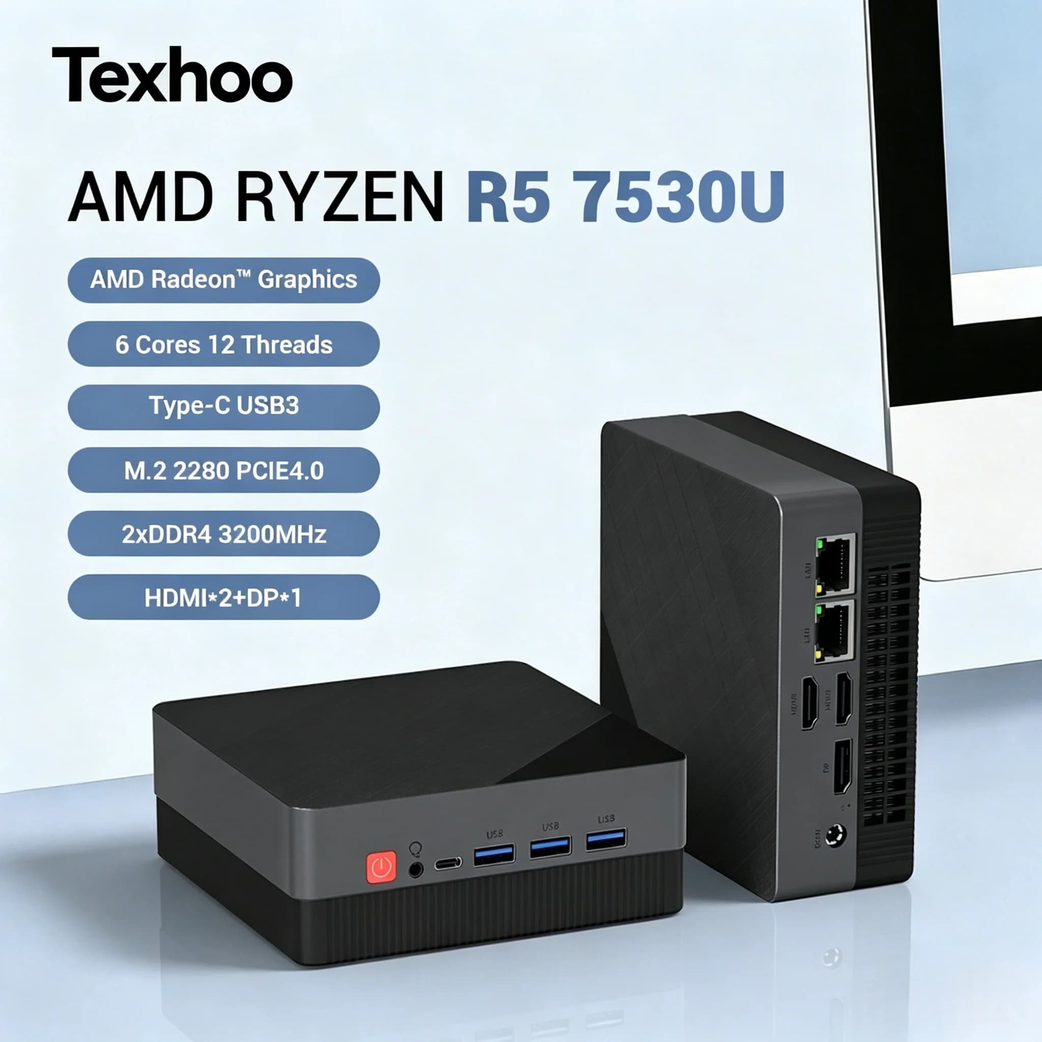 Texhoo MINI PC AMD Ryzen 5 7530U Windows 11 Pro 8GB DDR4 2666MHz 256GB M.2 2280 NVMe WIFI6 BT5.2 Desktop Computer Office Computer