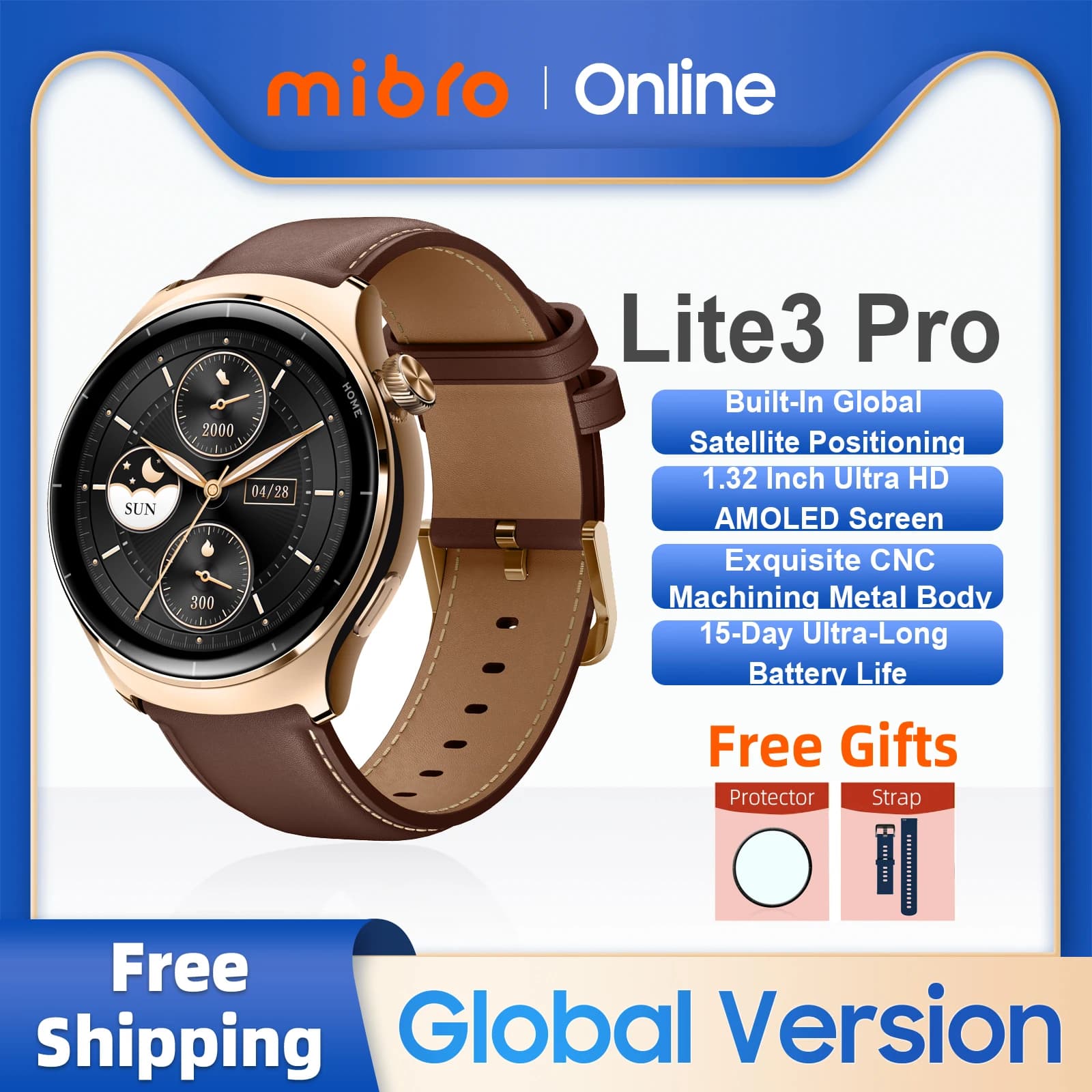 Mibro Watch Lite3 Pro Global Edition 1,32-Zoll-Ultra-HD-AMOLED-Display GPS-Ortung Fitness-Tracking AOD Metallgehäuse 5ATM wasserdicht 150 Sport-Modus 