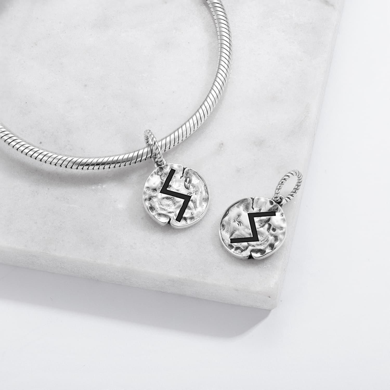 Norse Runes Symbol 925 Sterling Silver Hand Textured Dangle Charm For Charm Bracelets