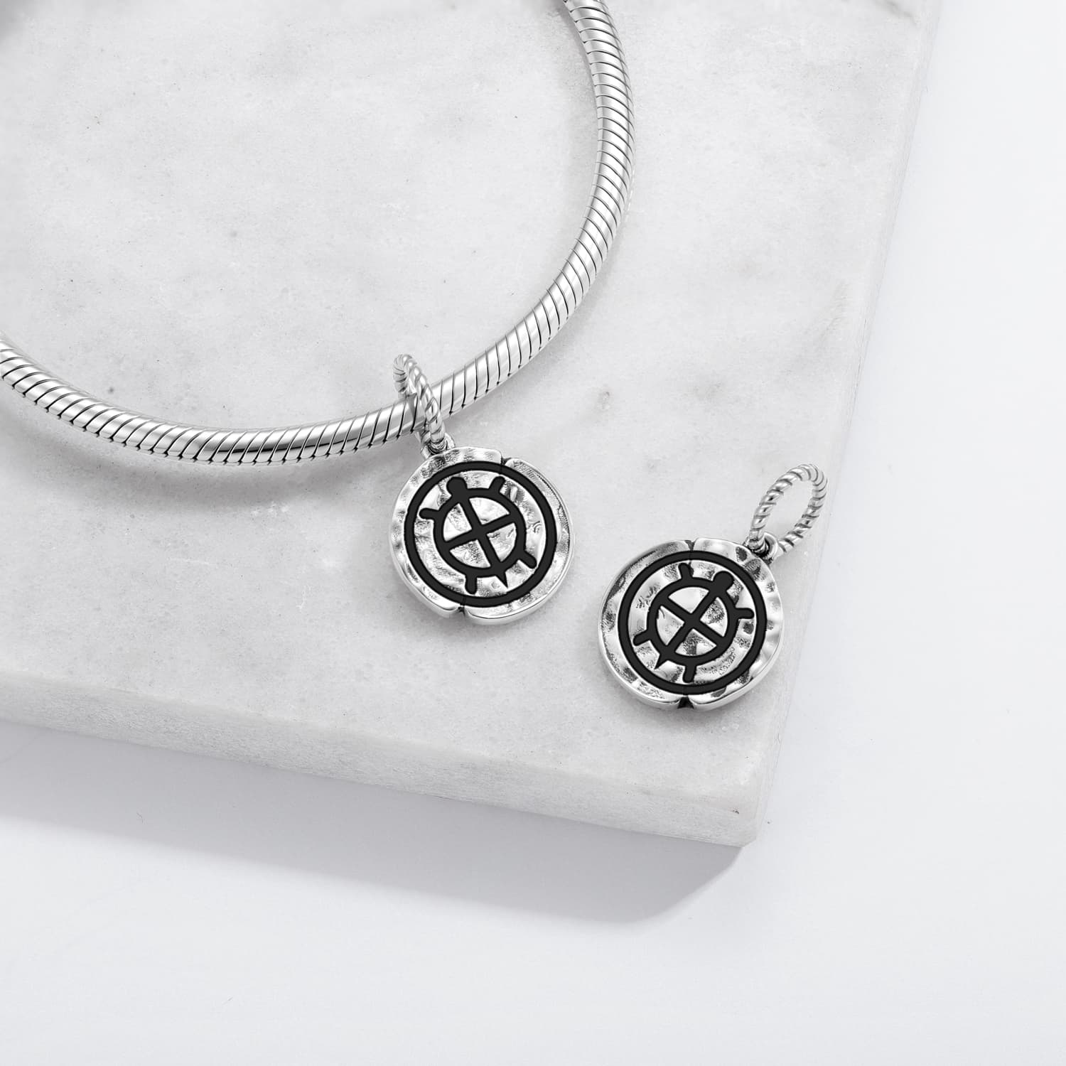 Lakota Sioux Tortoise Umbilical Bag Symbol 925 Sterling Silver Hand Textured Dangle Charm For Charm Bracelets