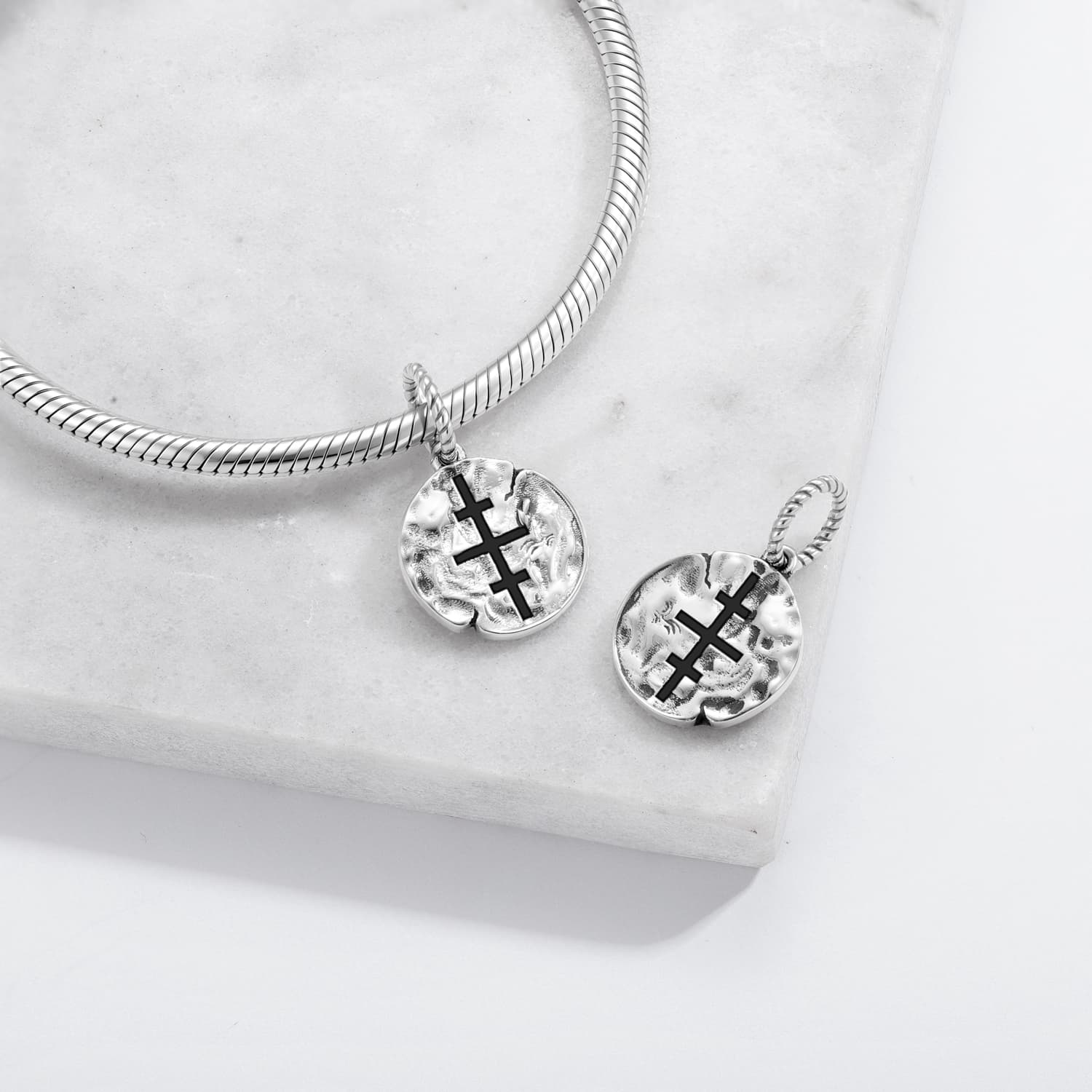 Christianity Salem Cross Symbol 925 Sterling Silver Hand Textured Dangle Charm For Charm Bracelets