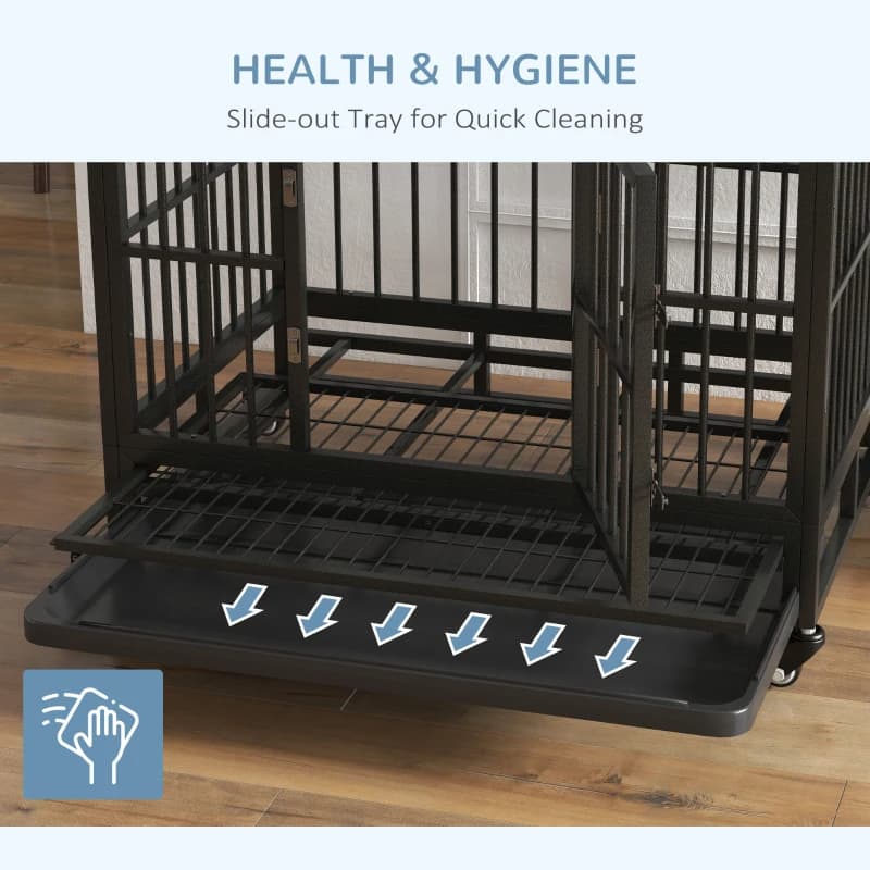 Heavy Duty Dog Crate Metal Cage Kennel With Lockable Wheels, Double Door And Removable Tray, Gray