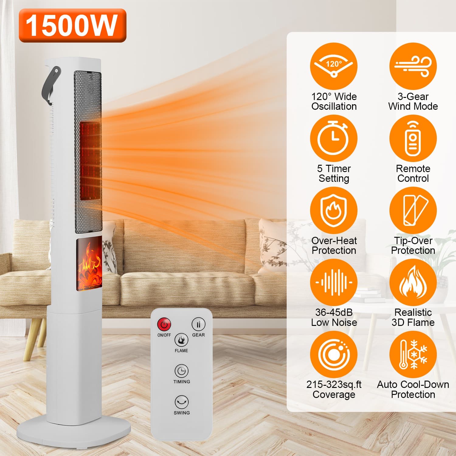 Chauffage d'appoint céramique oscillant de 1500W avec flamme 3D portable avec 3 modes de vent et commande à distance avec minuterie de 5 heures et protection contre les surchauffements et les renversements