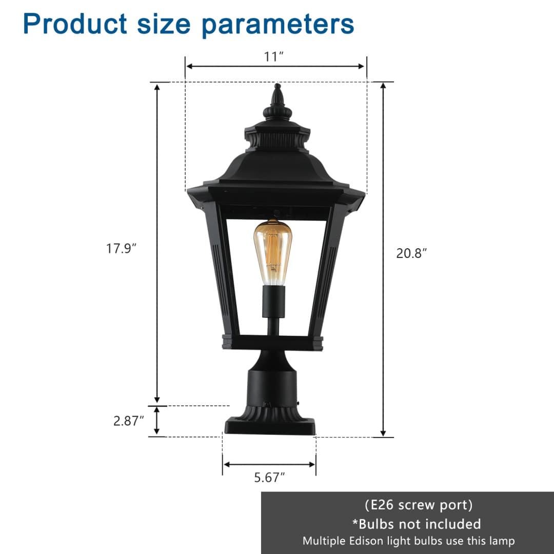 21in H 1-Pack Outdoor Post Lantern Light - Vintage Black Metal & Clear Glass Pillar Lamp