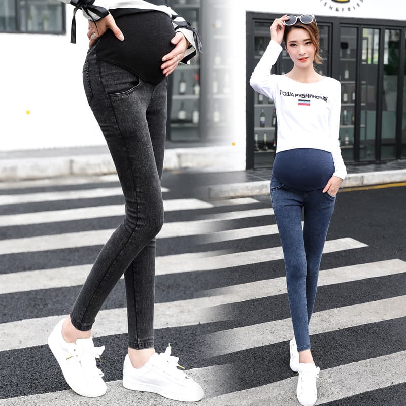 Pantaloni da maternità, indossare pantaloni di denim lavati in stile coreano all'esterno in autunno