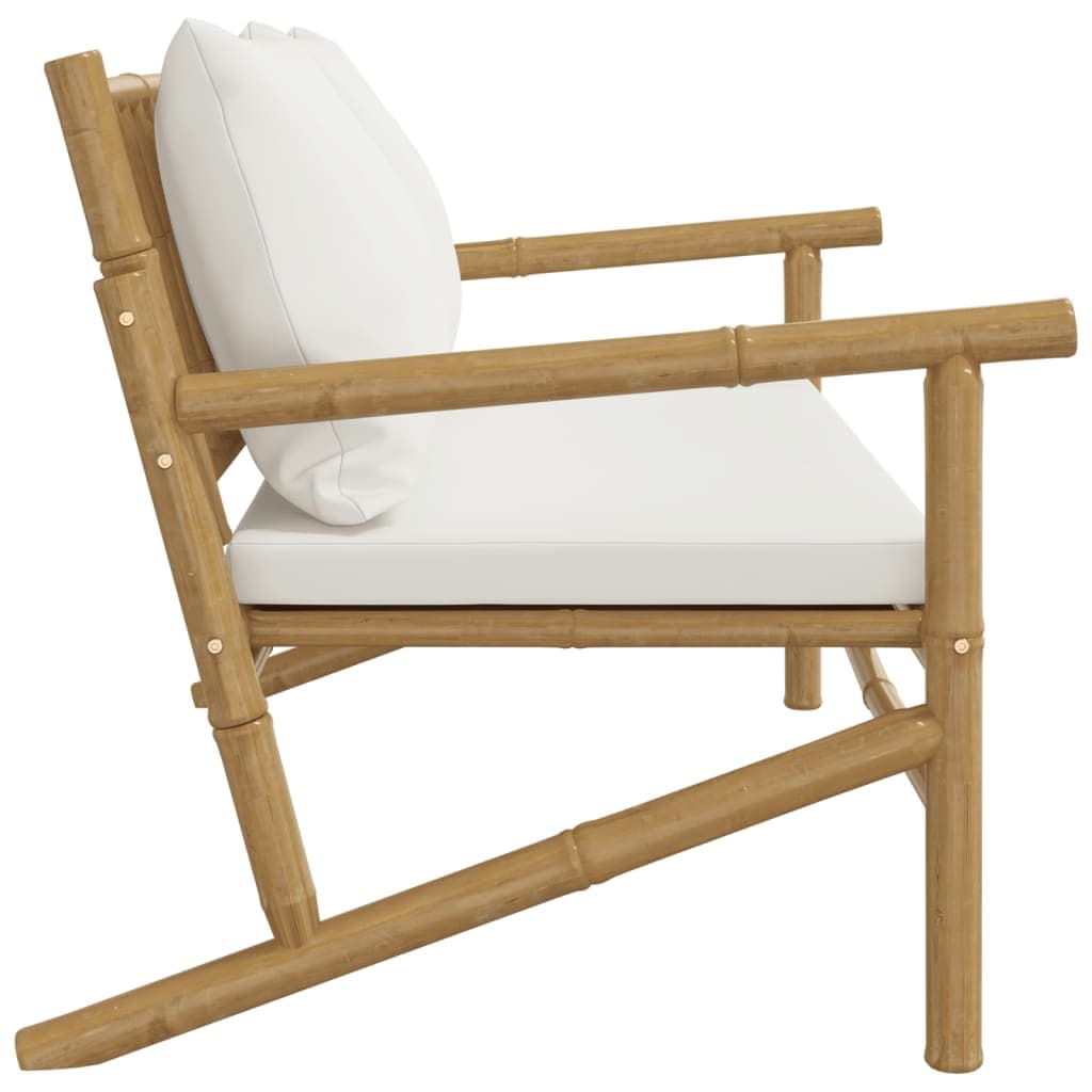 Panchina da giardino con cuscini crema e 2 sedie