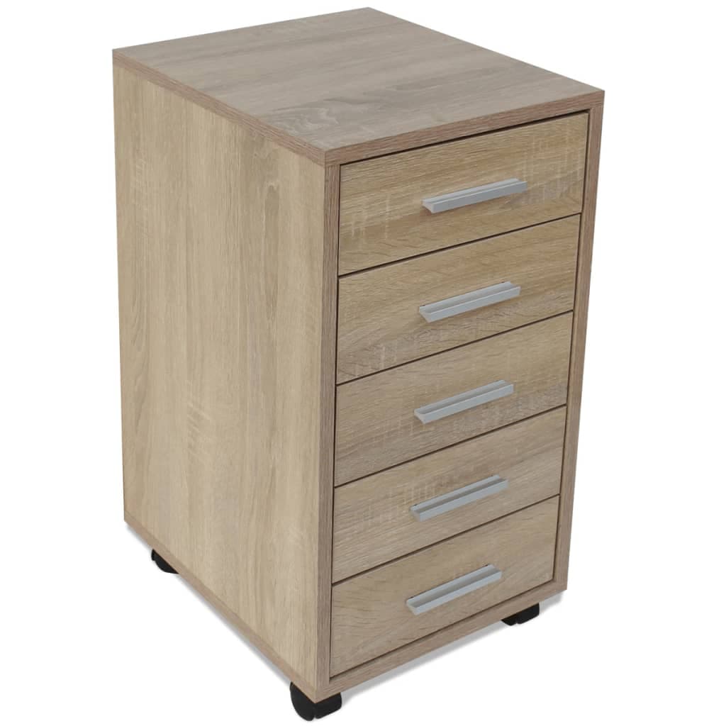 Armoire à tiroirs de bureau sur roulettes, 5 tiroirs, chêne