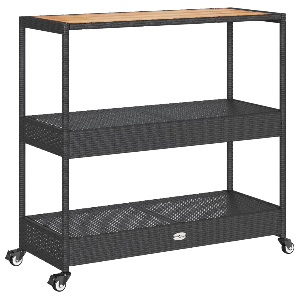 Servierwagen mit 3 Ablagen aus Polyrattan und Massivholz