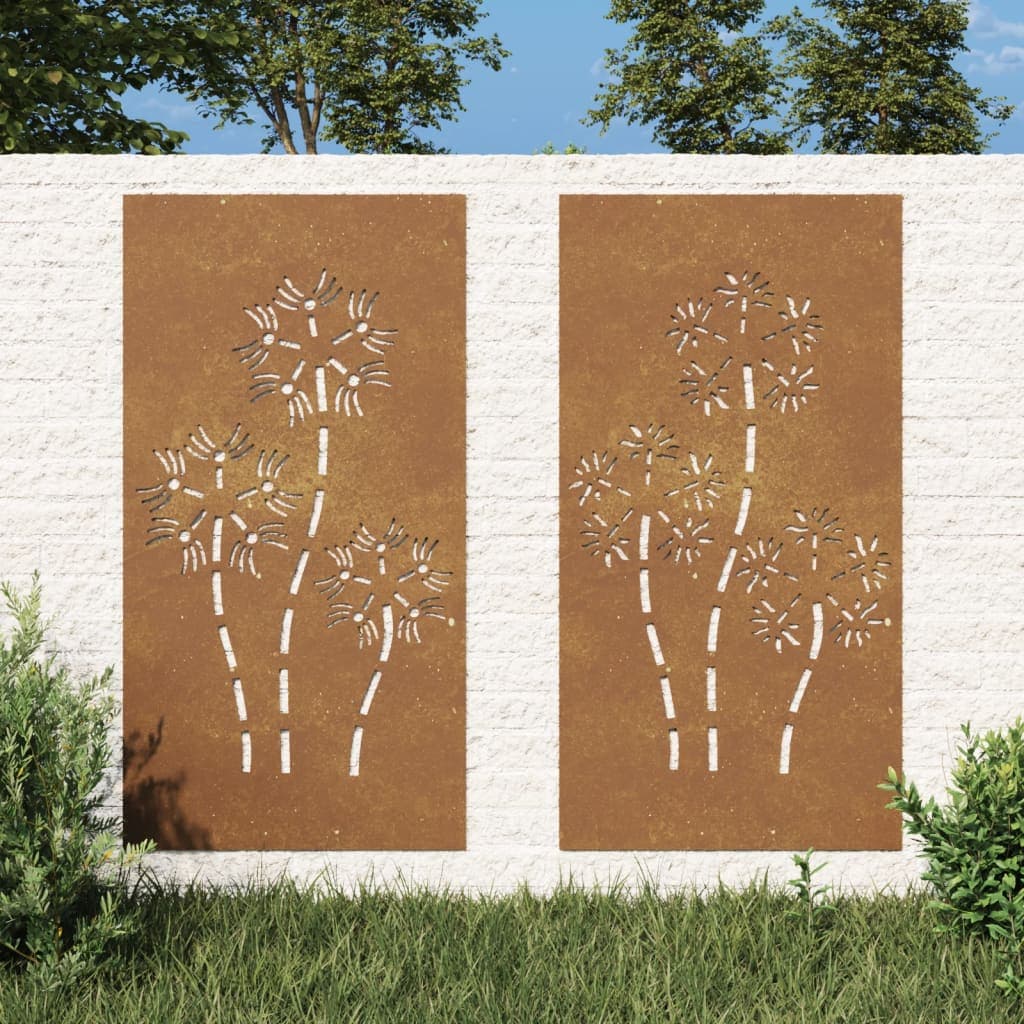 2-teilige Gartenwanddekoration 105x55 cm Cortenstahl Blumenmotiv