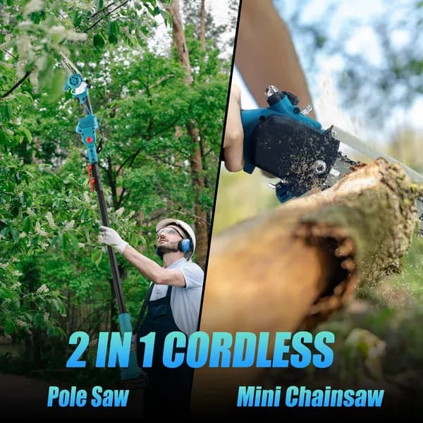 2-IN-1 Cordless Pole Saw And Mini Chainsaw With Extension Pole 21V Battery 8' Electric Brushless Pole Chainsaw With Auto Oiler Safety Switch 6.4LBS Li