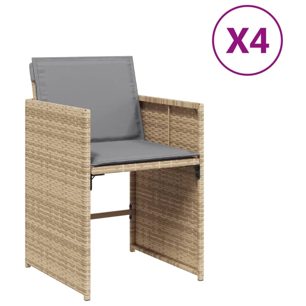 Sedie da giardino con cuscini, set da 4, beige, poli-rattan