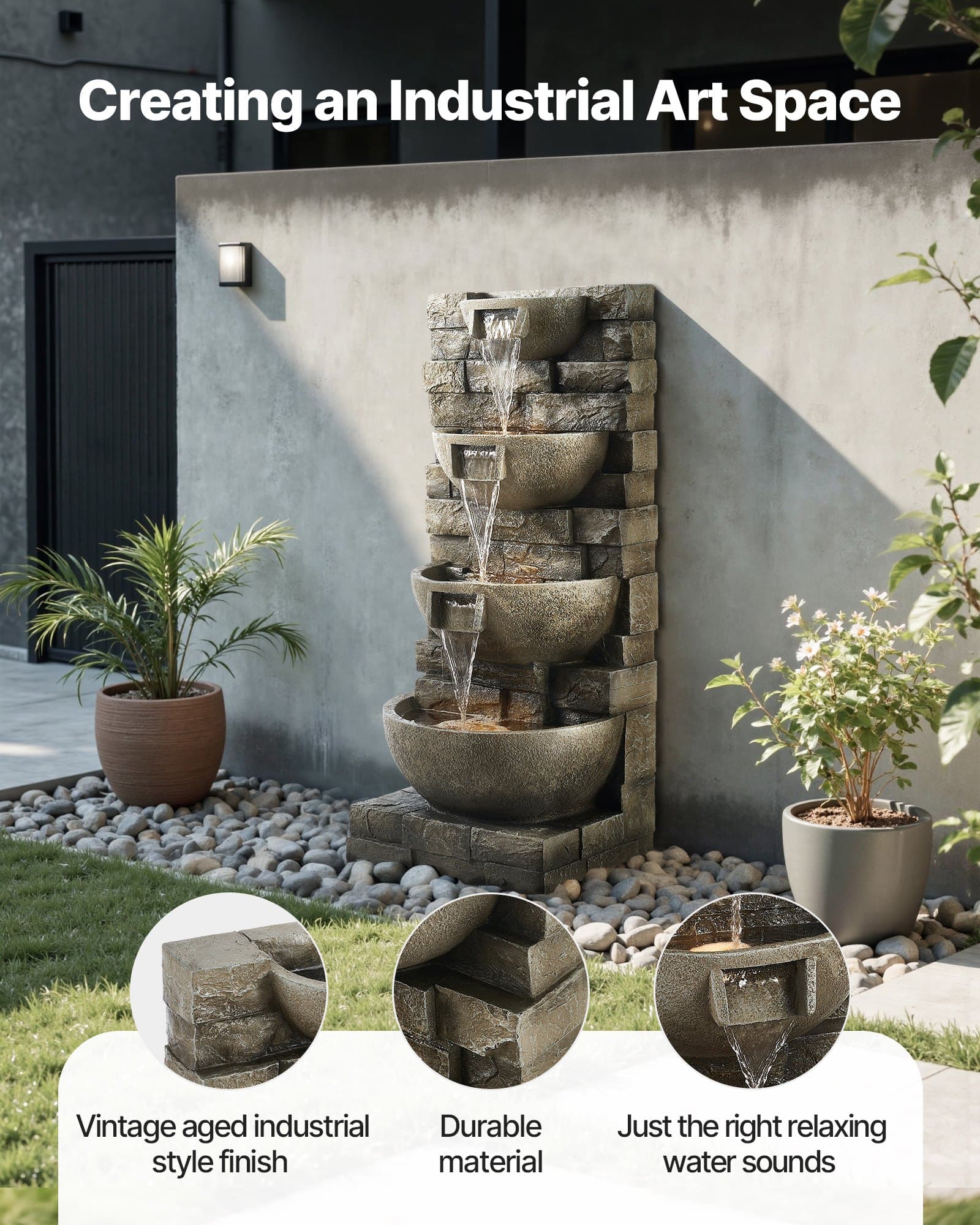 Fontaine d'eau extérieure à 4 niveaux - Fontaine de jardin en style empilé de blocs de 35,63 po