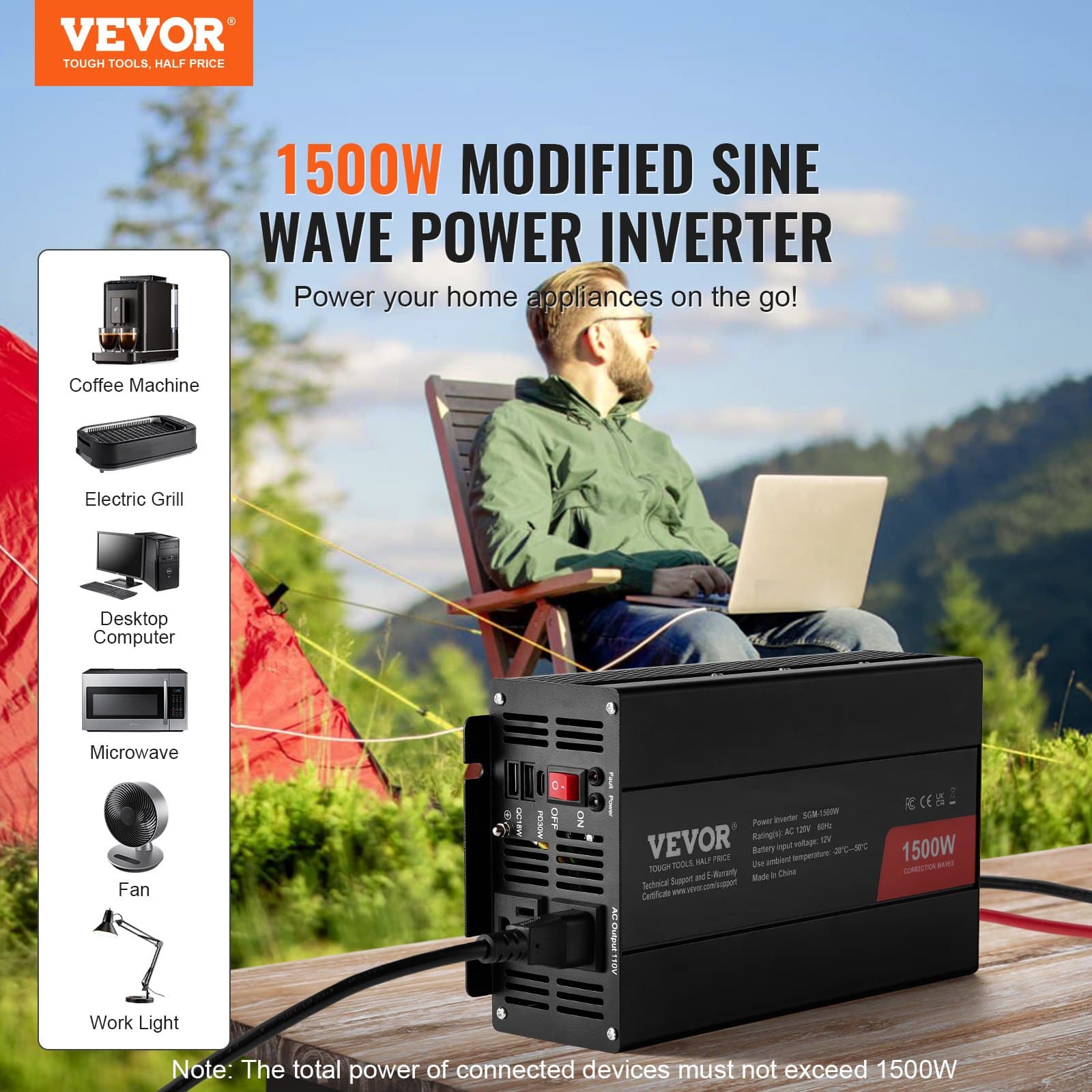 1500W DC 12V zu AC 120V Wechselstrominverter mit 2 Steckdosen, 2 USB-Anschlüssen und 1 Type-C-Anschluss