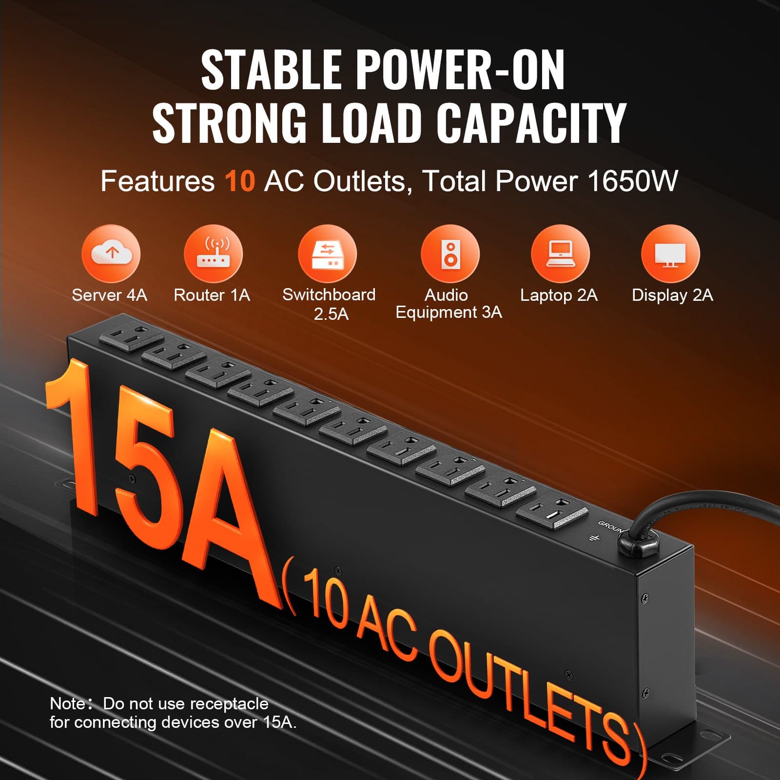 19’ 1U PDU 10 Outlets Rack Mount Power Strip Surge Overload Protection