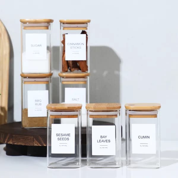 Glass Spice Jars with Bamboo Lids, 18 Pack, 240 ml
