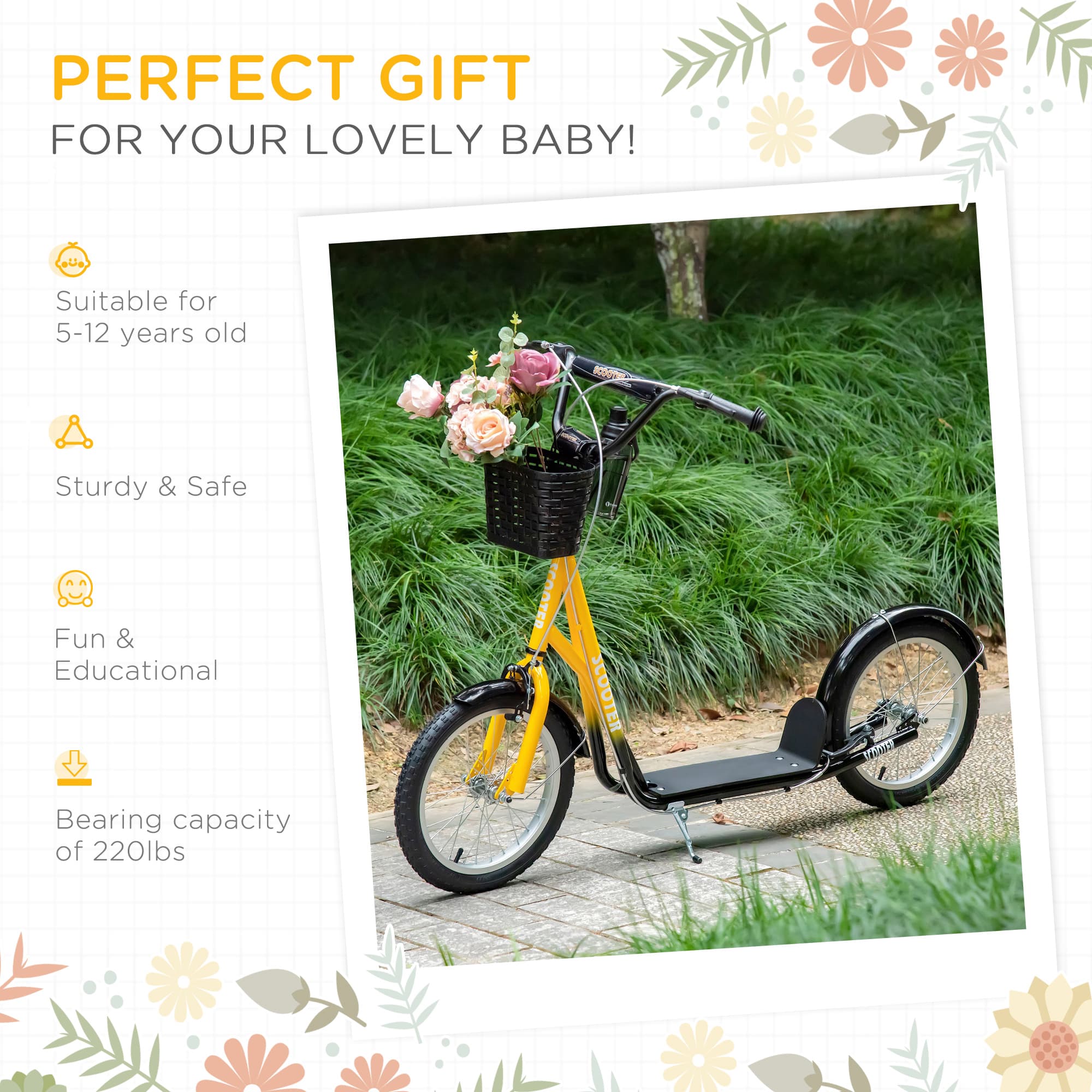 Scooter per bambini, Scooter a pedali con manubrio regolabile, Freni doppi, Pneumatici in gomma gonfiabili da 16", Cesto, Portabicchiere, Arancione