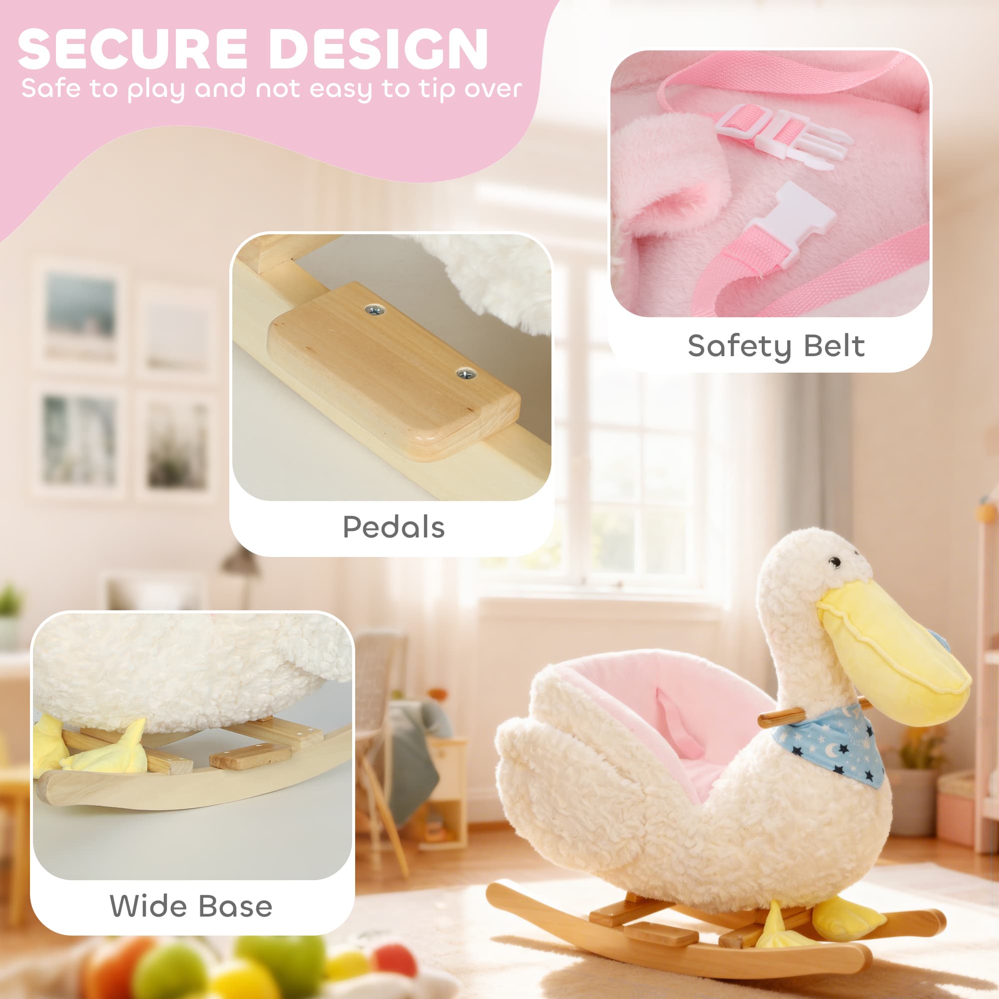 Baby-Rocking-Pferd, Kids Ride on Pelican Rocking Horse für Toddler 18–36 Monate mit realistischem Entenda-Sound, Weiß