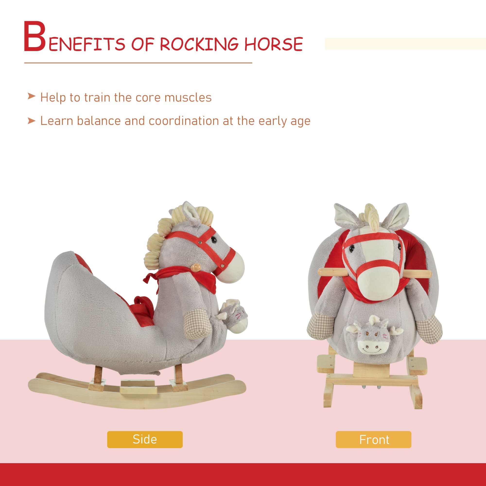 Poney berçant pour enfants à pédales, balançoire avec chanson de berceuse, marionnettes à main et tissu moelleux en peluche pour enfants de 18-36 mois, gris
