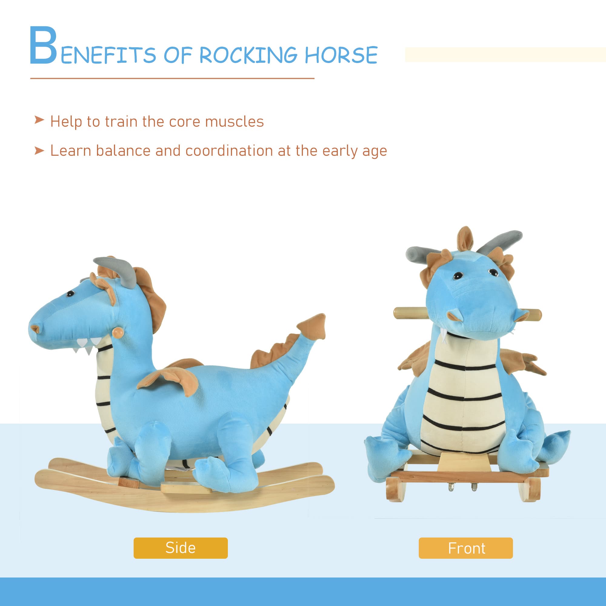 Cheval à bascule Dino pour tout-petits, 18-36 mois, avec sons réalistes, bleu