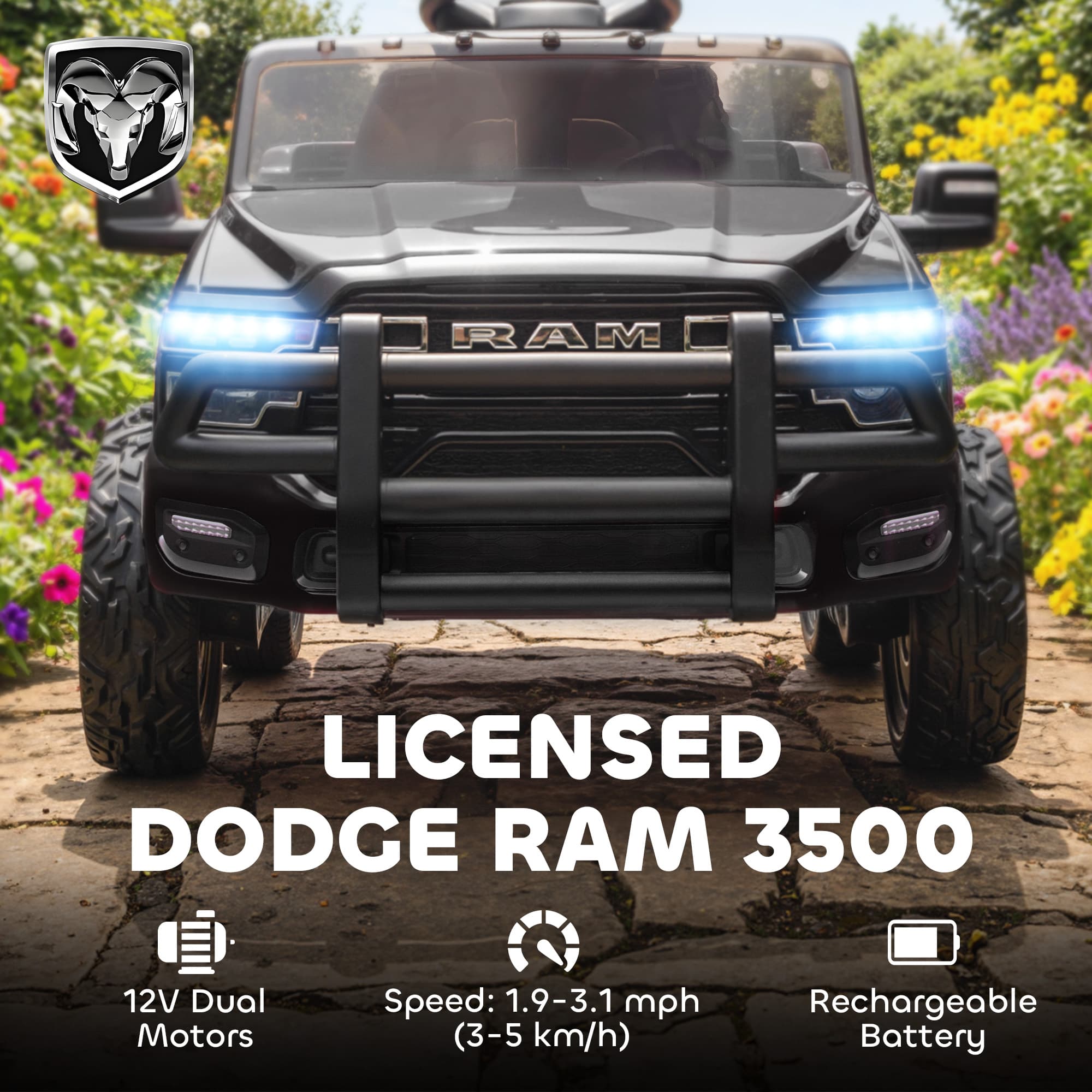 12V Kids Ride on Car - Lizenziertes Dodge RAM 3500 Spielzeugauto mit Dual-Motoren und Fernbedienung für Kleinkinder