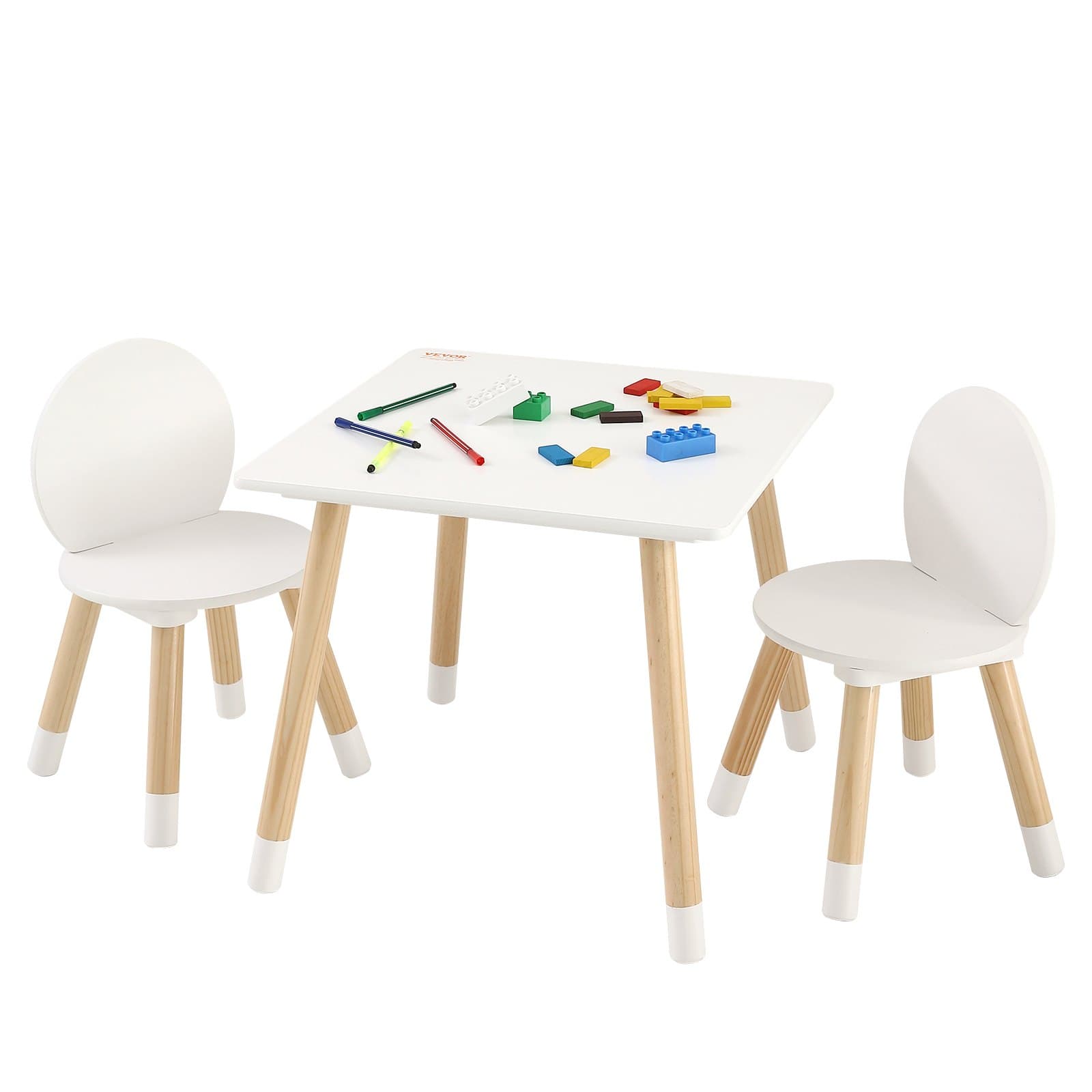 Kindersitzgruppe aus Kiefernholz, 1 Tisch und 2 Kinderstühle, Weiß