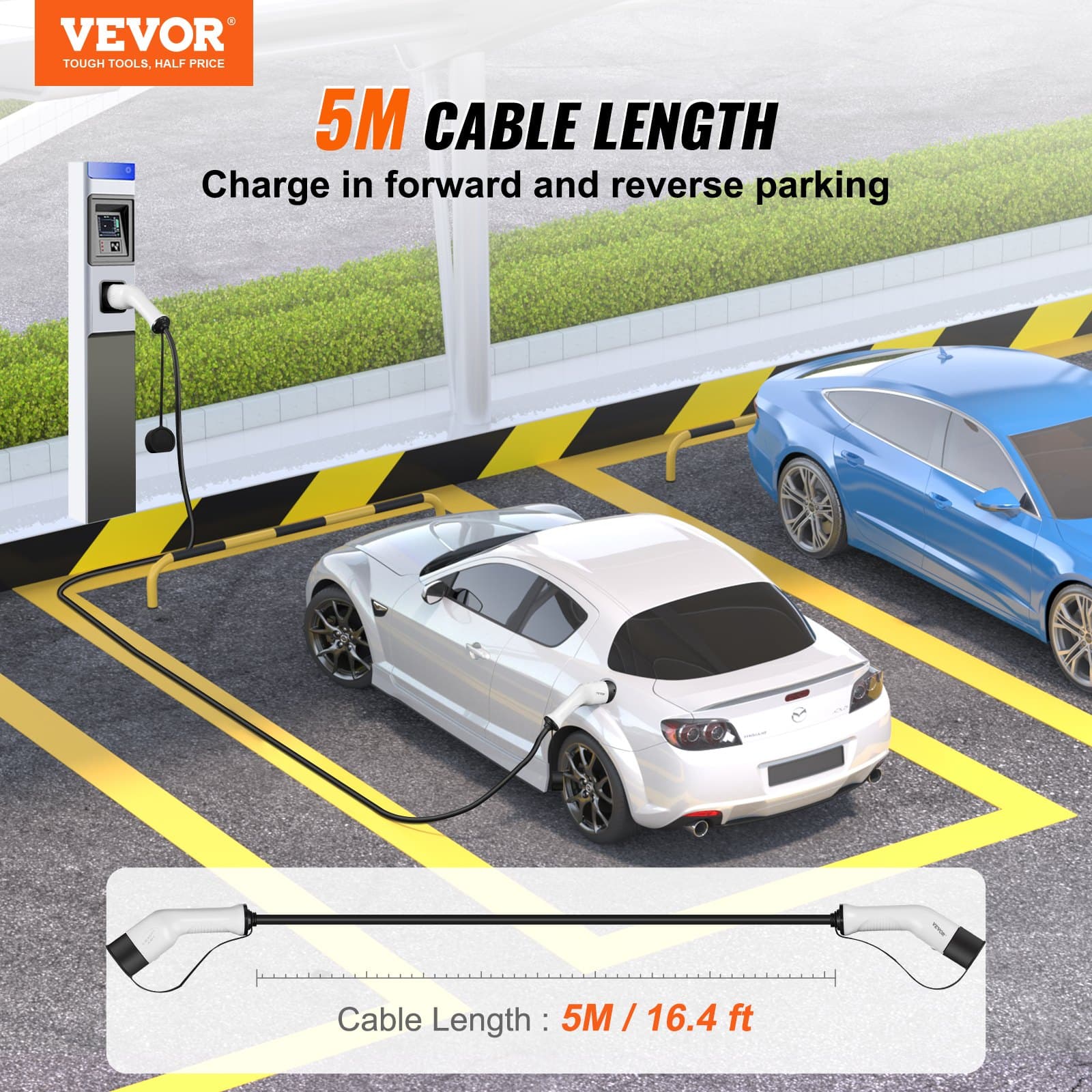 Cable de carga Tipo 2 para coche eléctrico/híbrido, cable de carga para VE, cable de carga para coche eléctrico, wallbox 11 kW, cable de carga de TPU, longitud del cable 5 m, trifásico AC 3