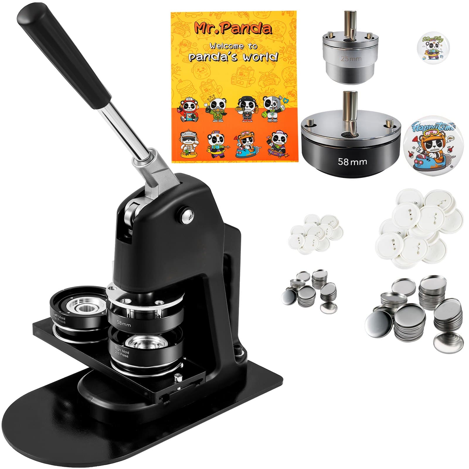 Buttonmaschine Knopfmachermaschine 200 Stk. 58 Mm & 300 Stk. 25 Mm, Badge Punch Press Inkl. Mr. Panda Zauberbuch & Sechs