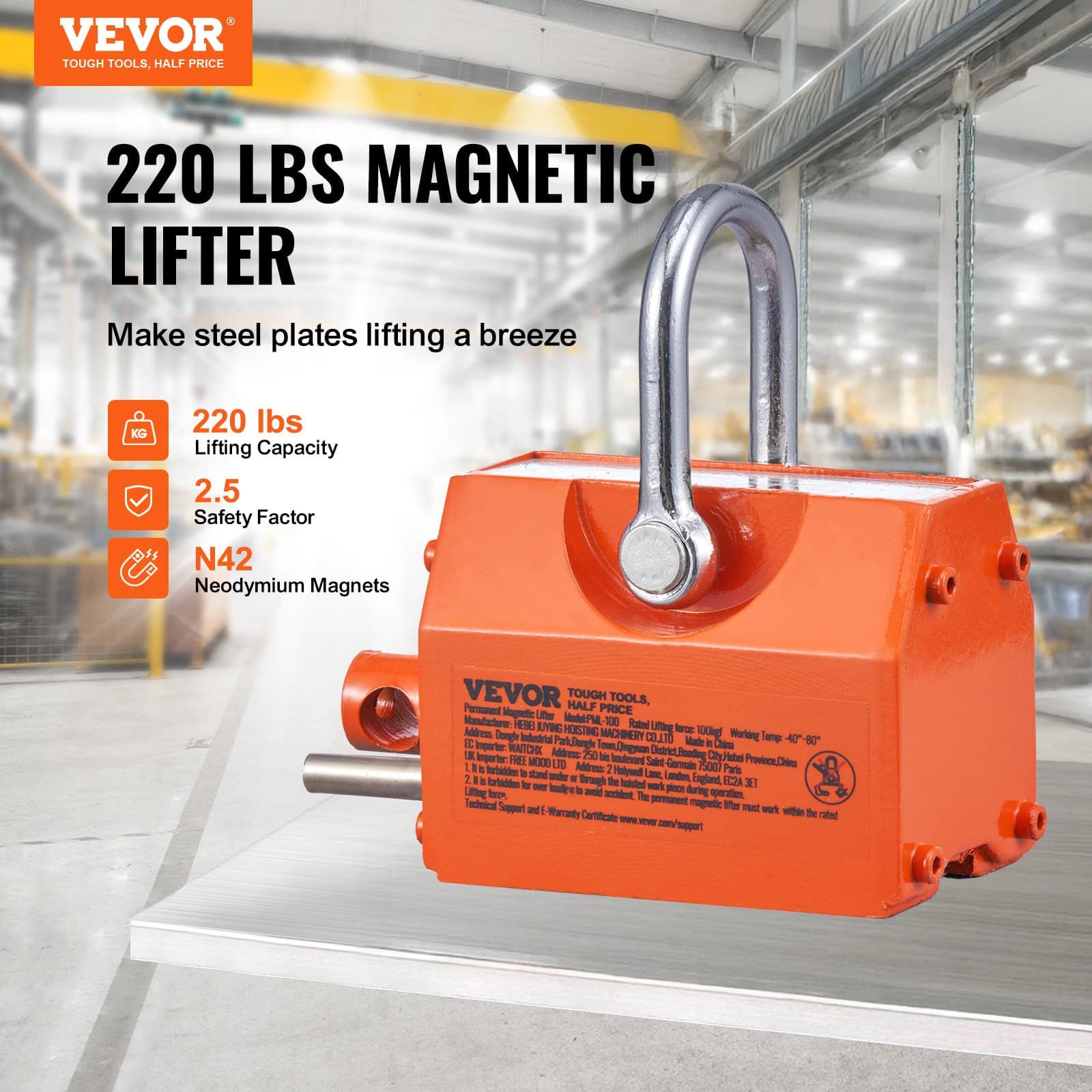 Imán de elevación Imán de grúa (capacidad de carga 100 kg, fuerza de tracción 250 kg, -40 a 80 ℃), 4 uds. Imanes de control manual Horquilla