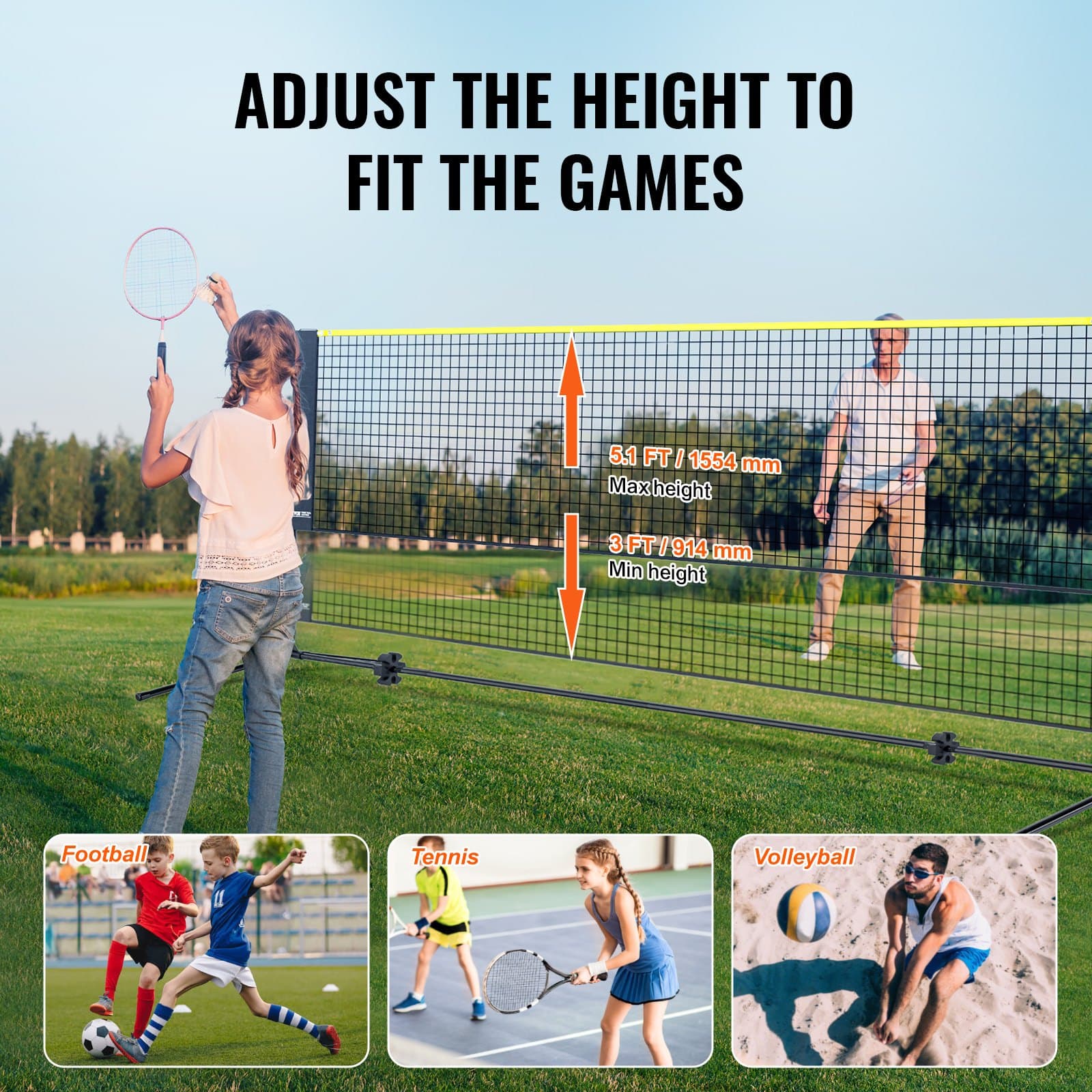 Höhenverstellbares Badminton- und Volleyballnetz, 420 x 155 x 103 cm
