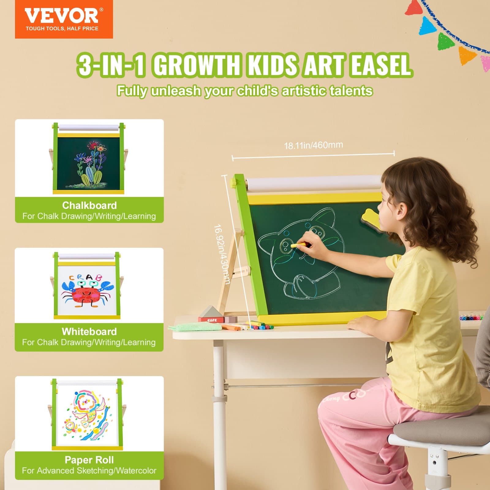 3-in-1 Kinderstaffelei aus Holz mit Whiteboard und Kreidetafel
