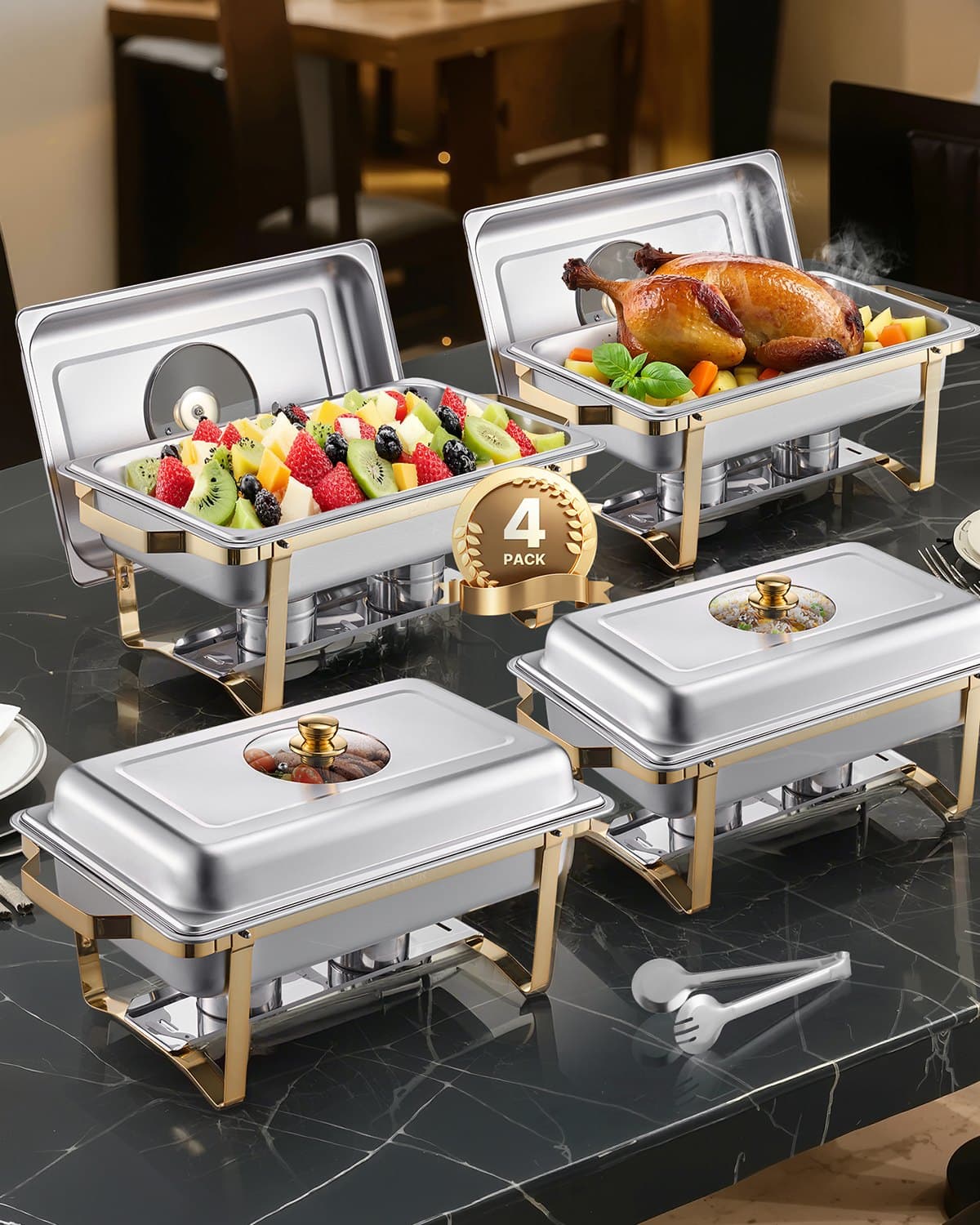 Chafing Dish Set Stainless Steel with 4 Full-Size Pans, 7.5 L