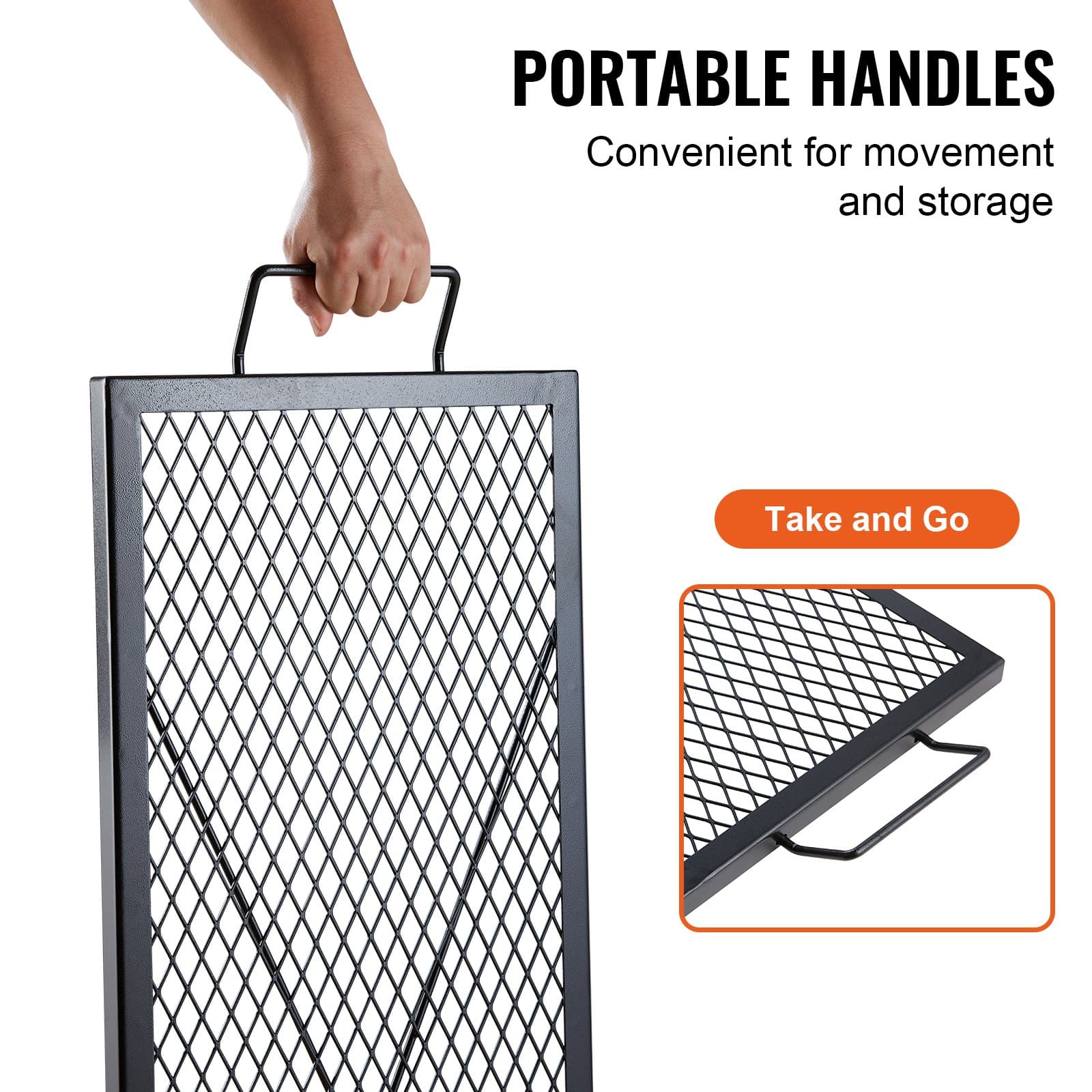 Gril rectangulaire pour foyer en acier avec poignee