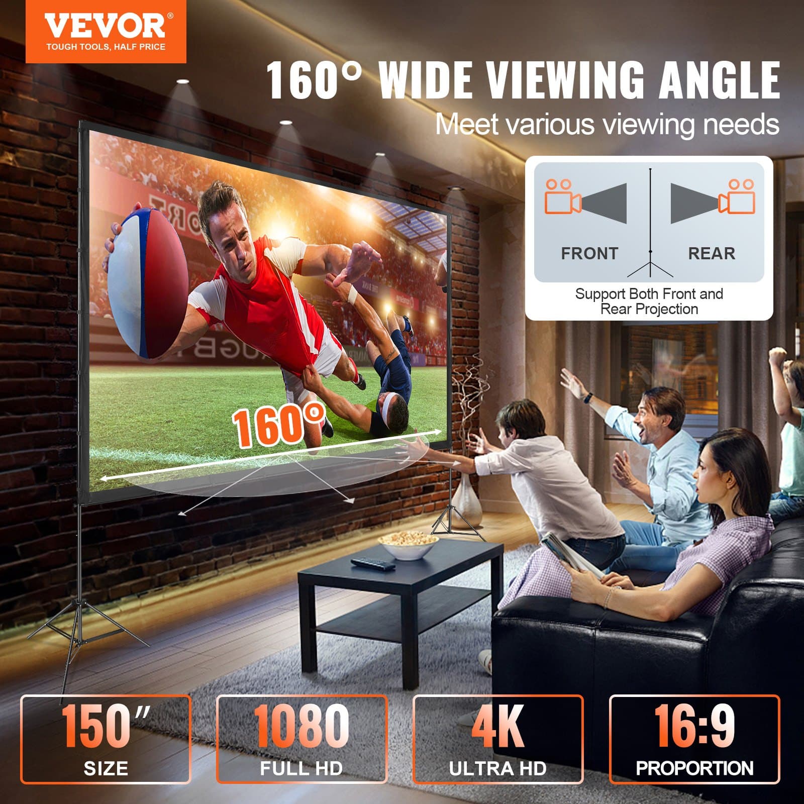 Écran de projection pliable avec support, 381 cm